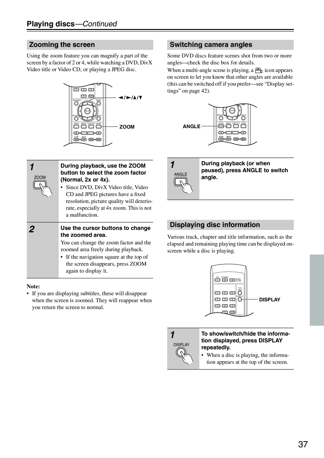 Onkyo DV-SP403E instruction manual Zooming the screen, Switching camera angles, Displaying disc information 