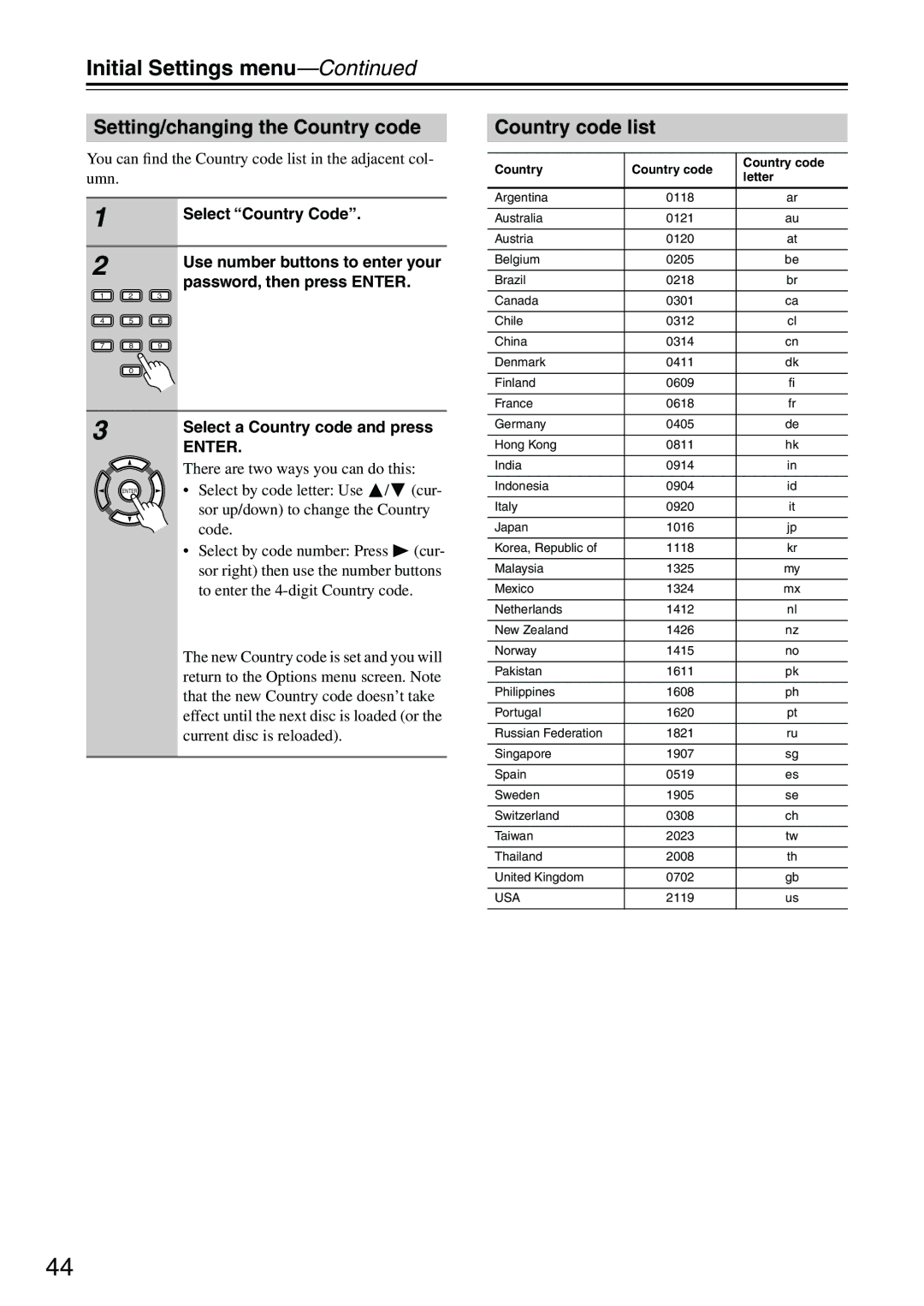 Onkyo DV-SP403E instruction manual Setting/changing the Country code, Country code list 