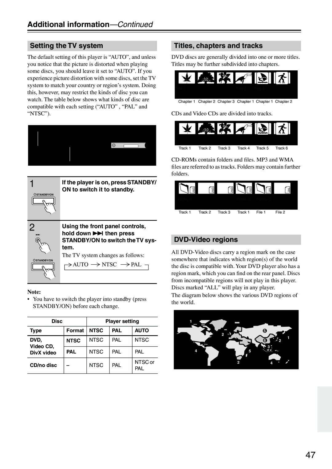 Onkyo DV-SP403E Additional information, Setting the TV system, Titles, chapters and tracks, DVD-Video regions 
