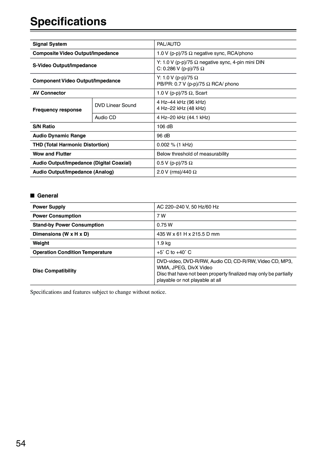 Onkyo DV-SP403E instruction manual Speciﬁcations, General 