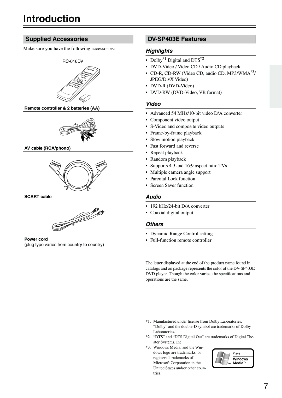 Onkyo instruction manual Introduction, Supplied Accessories, DV-SP403E Features 