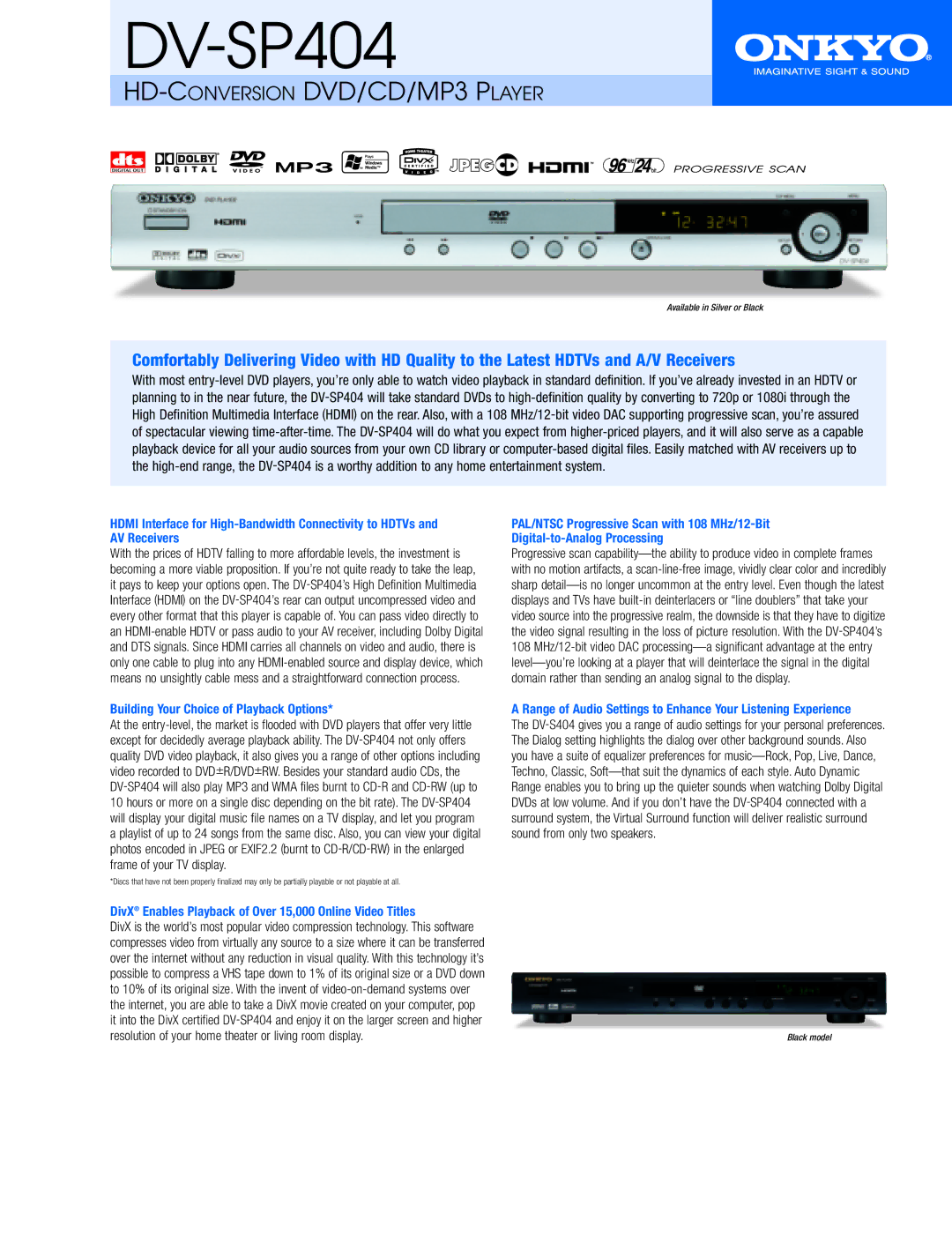 Onkyo DV-SP404 manual Building Your Choice of Playback Options, DivX Enables Playback of Over 15,000 Online Video Titles 