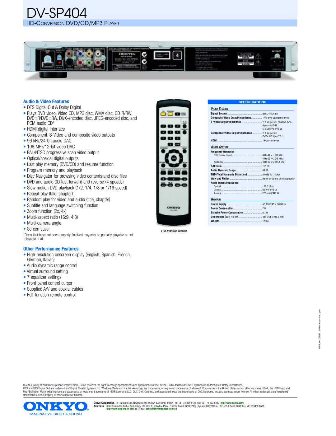 Onkyo DV-SP404 manual Audio & Video Features, Other Performance Features, Frequency Response, Audio Output/Impedance 