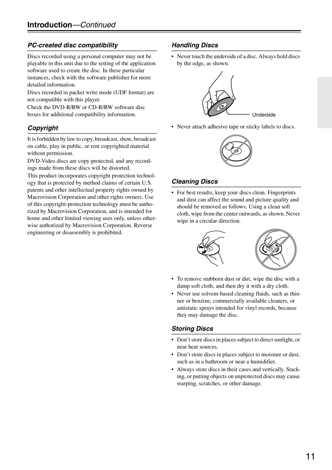 Onkyo DV-SP405 instruction manual PC-created disc compatibility, Copyright, Handling Discs, Cleaning Discs, Storing Discs 