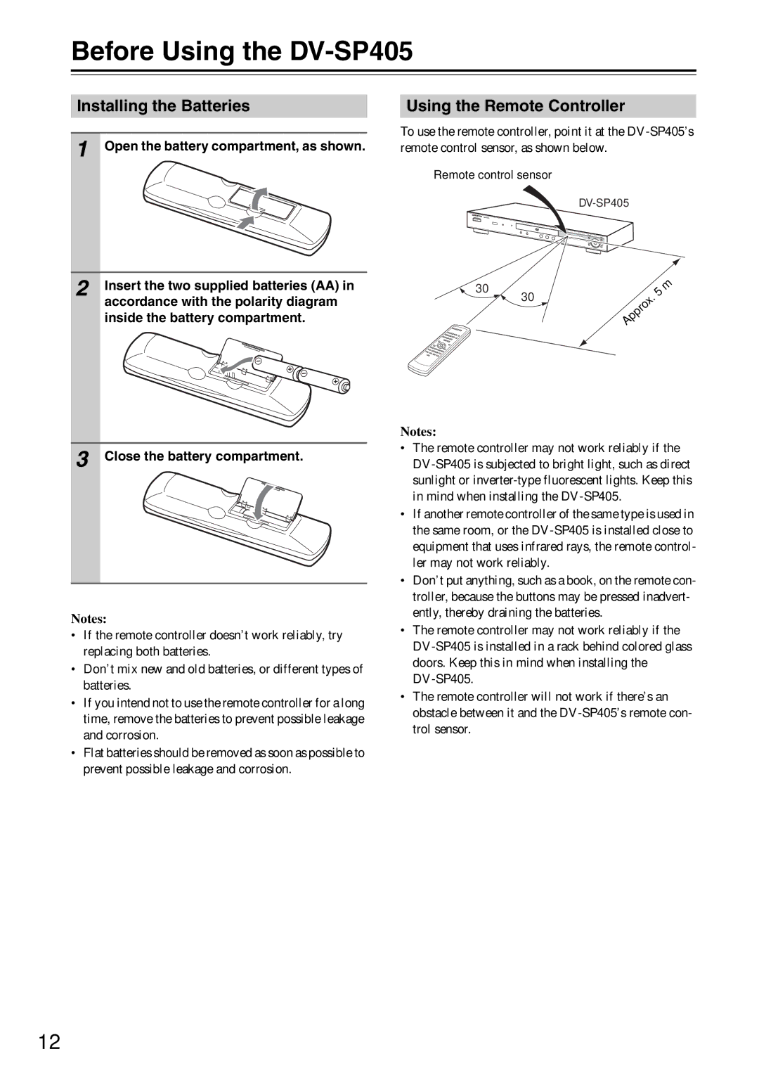 Onkyo instruction manual Before Using the DV-SP405, Installing the Batteries, Using the Remote Controller 