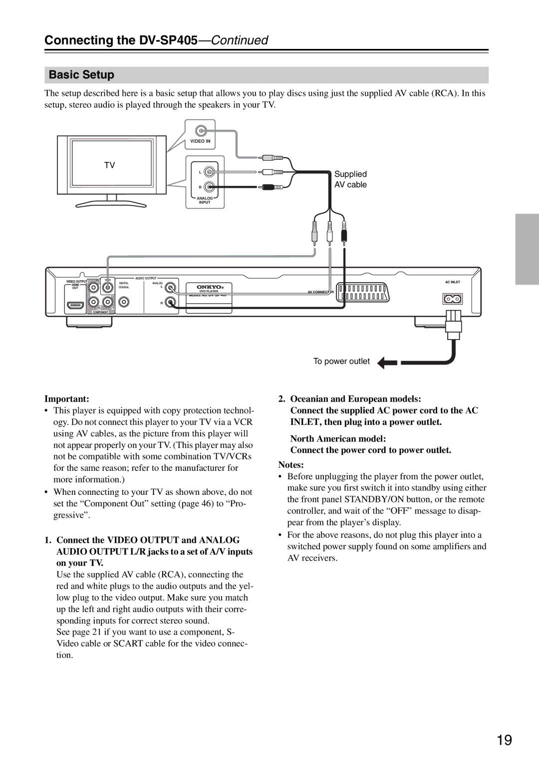 Onkyo instruction manual Connecting the DV-SP405, Basic Setup, Supplied 