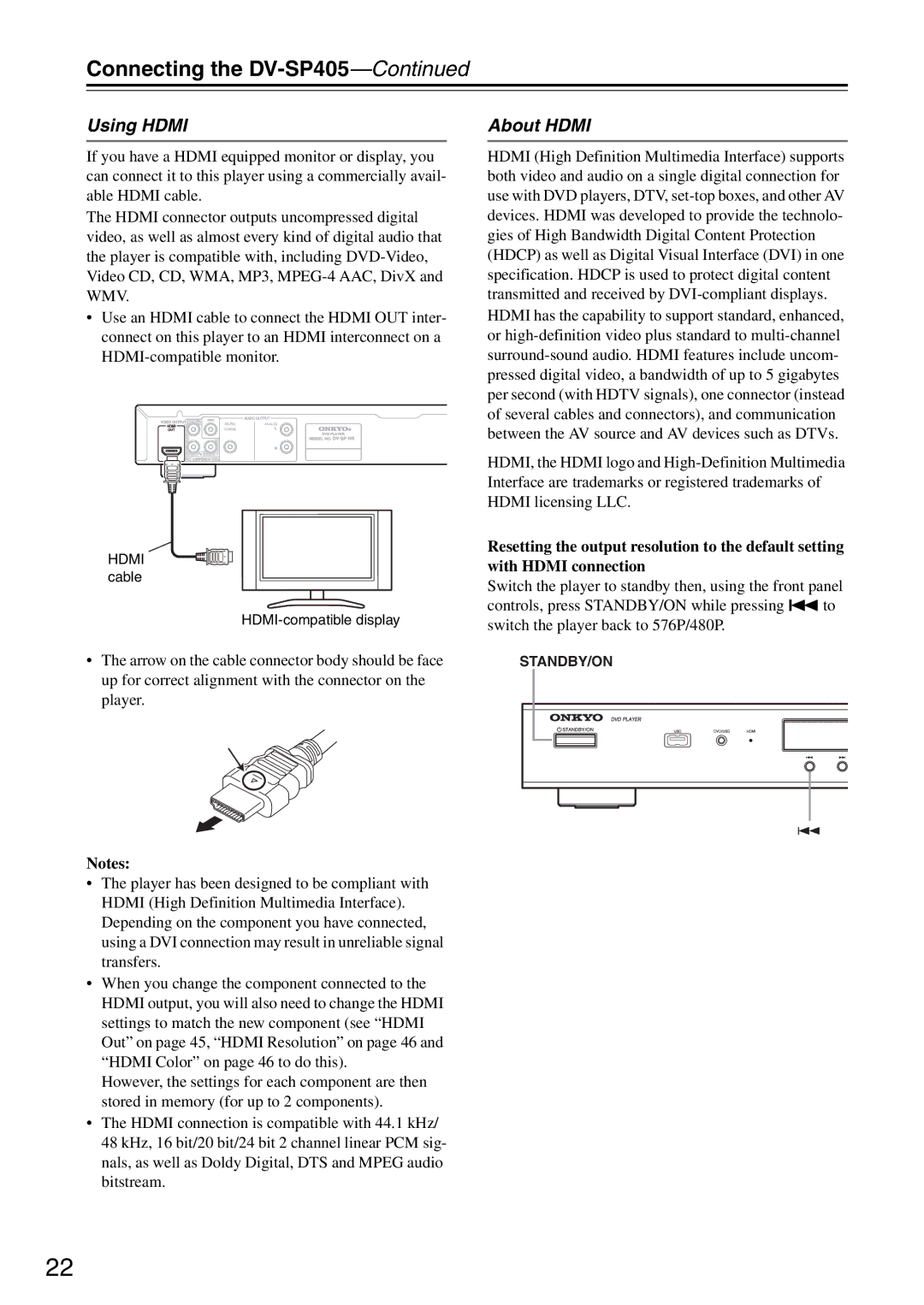 Onkyo DV-SP405 instruction manual Using Hdmi, About Hdmi 