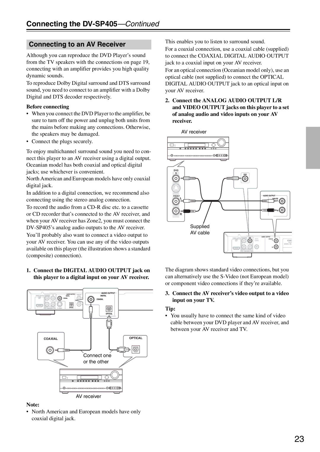 Onkyo DV-SP405 instruction manual Connecting to an AV Receiver, Before connecting 