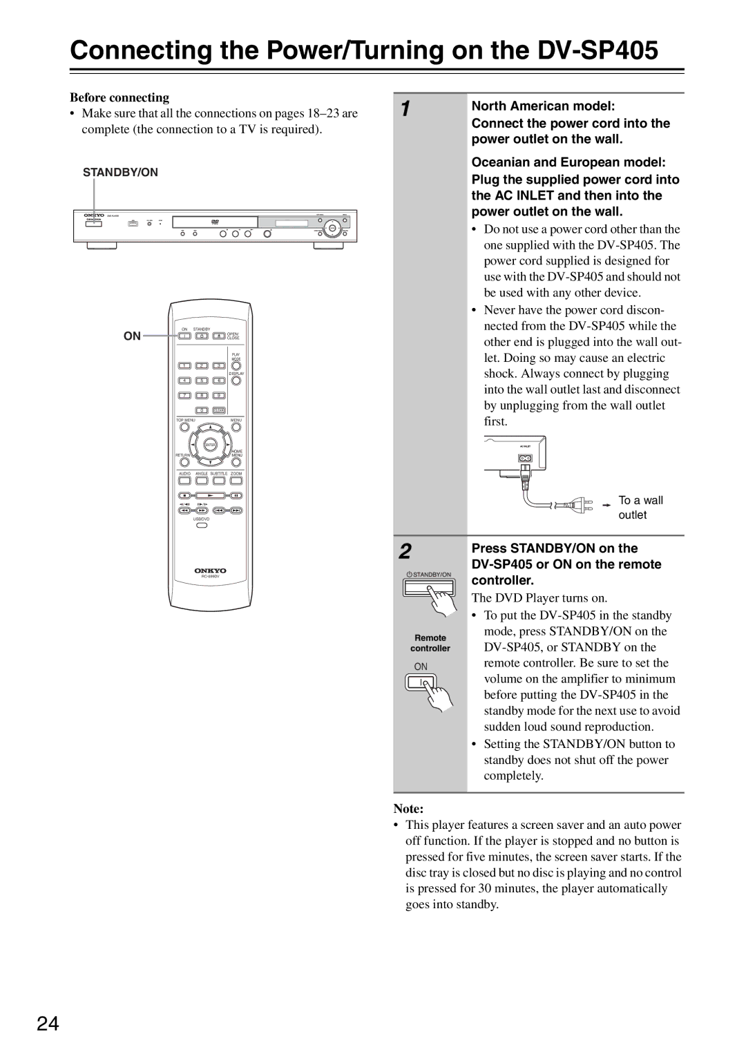 Onkyo instruction manual Connecting the Power/Turning on the DV-SP405 