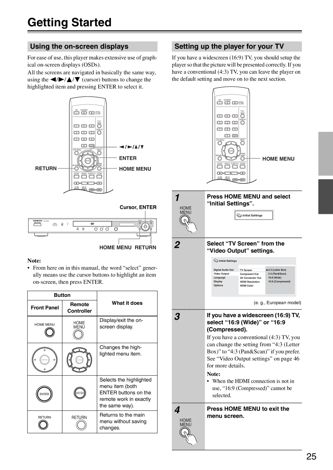 Onkyo DV-SP405 instruction manual Getting Started, Using the on-screen displays, Setting up the player for your TV 