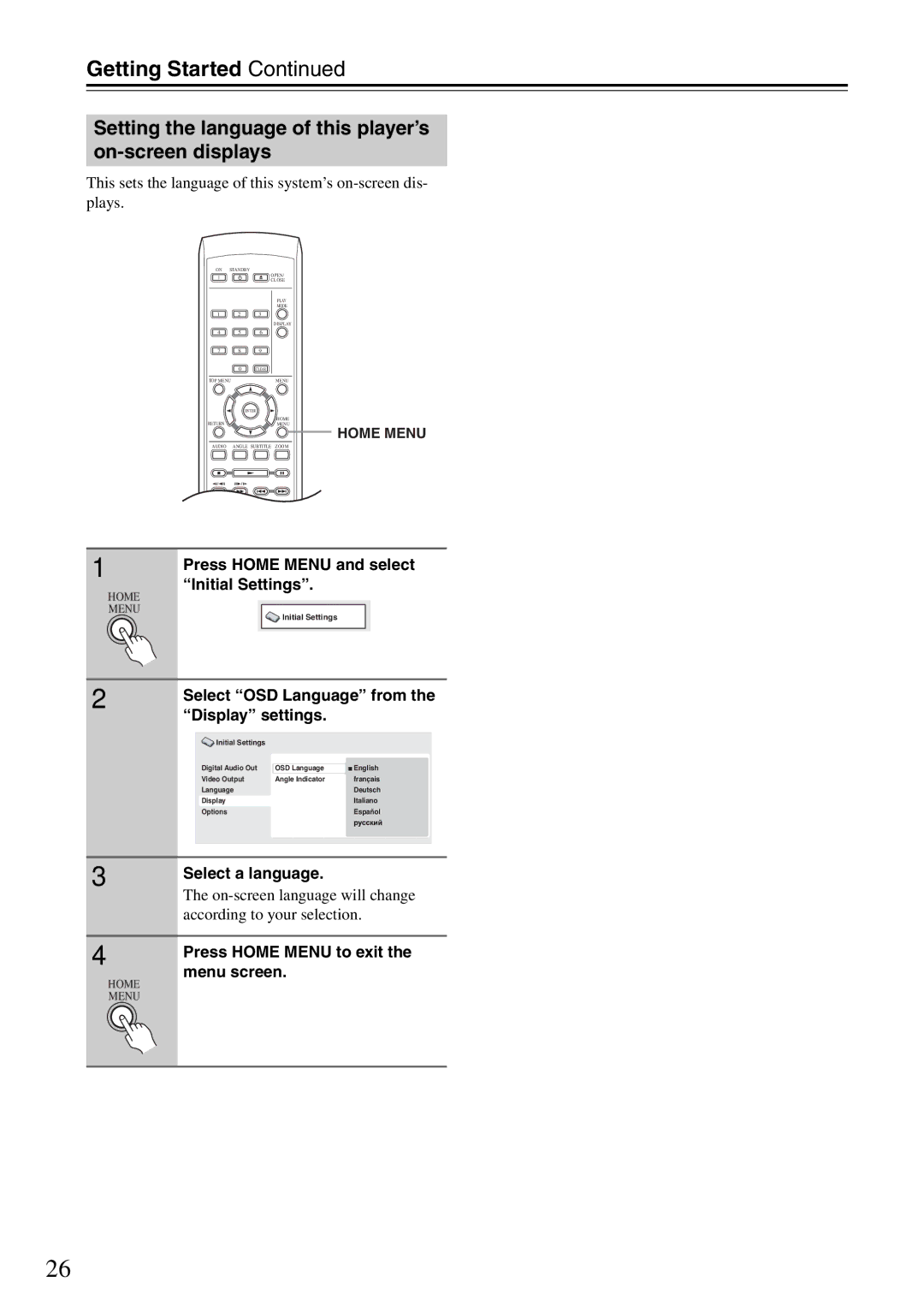 Onkyo DV-SP405 Getting Started, Setting the language of this player’s on-screen displays, Select a language 
