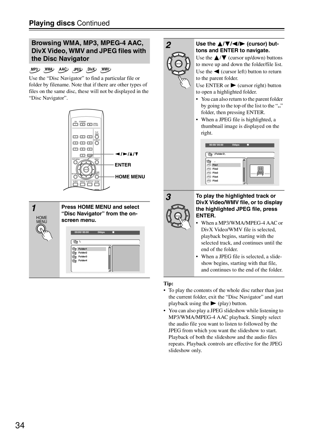 Onkyo DV-SP405 instruction manual Press Home Menu and select Disc Navigator from the on, Screen menu 