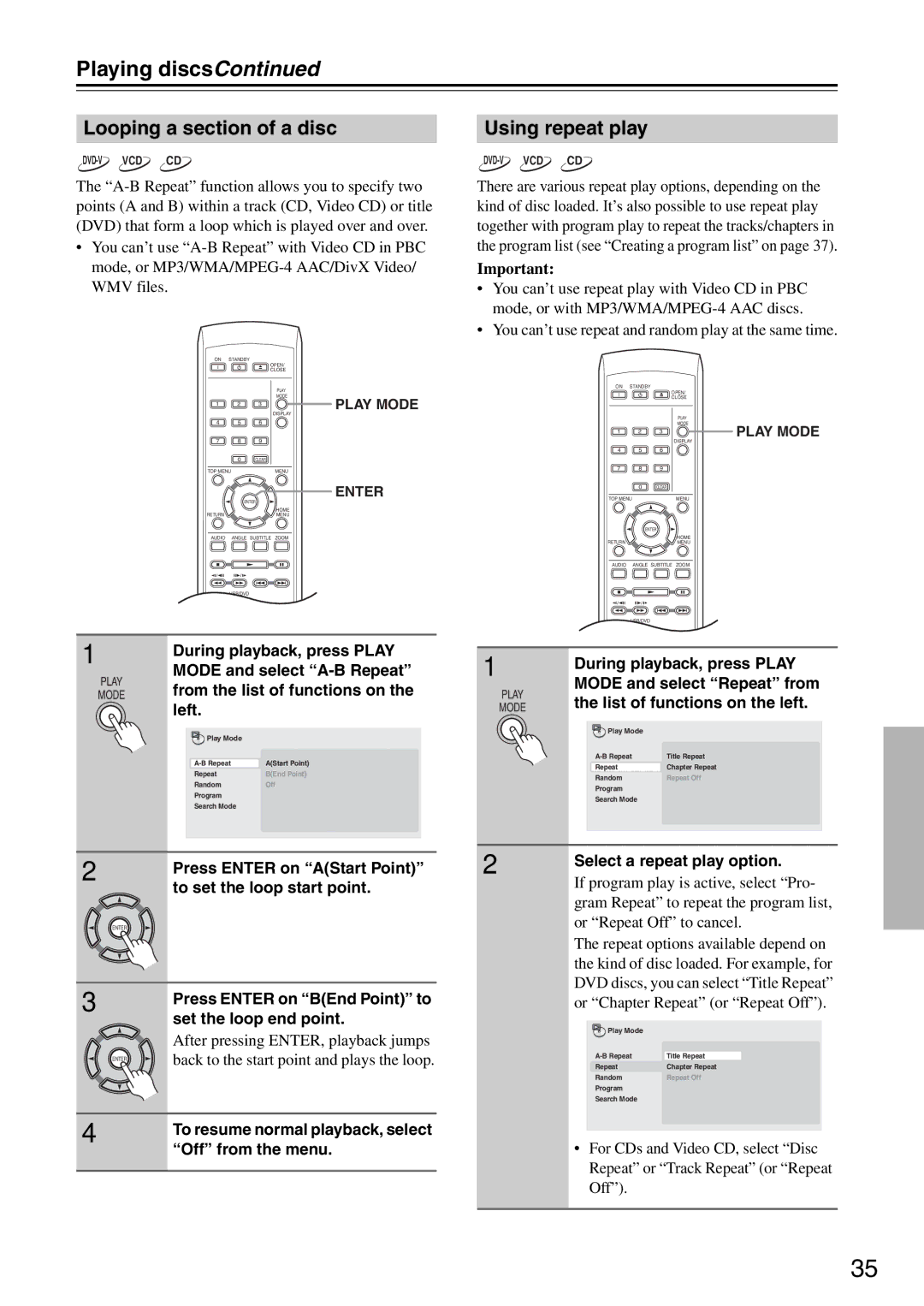 Onkyo DV-SP405 instruction manual Looping a section of a disc, Using repeat play 