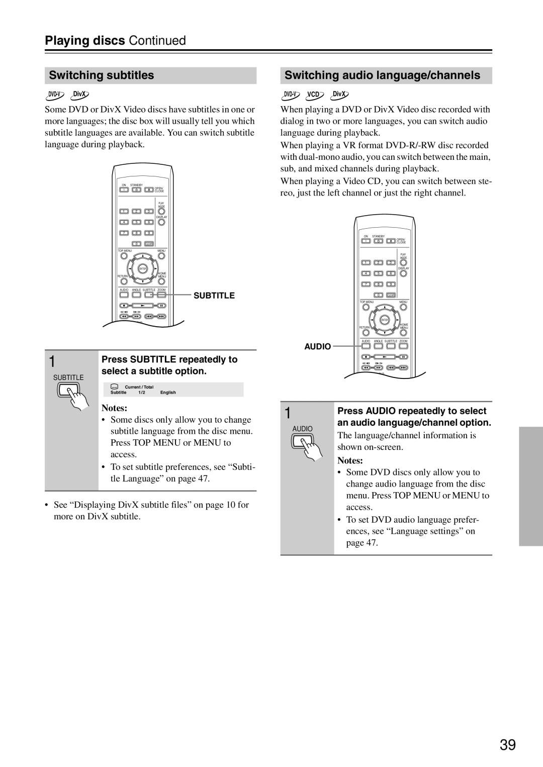 Onkyo DV-SP405 instruction manual Switching subtitles, Switching audio language/channels 