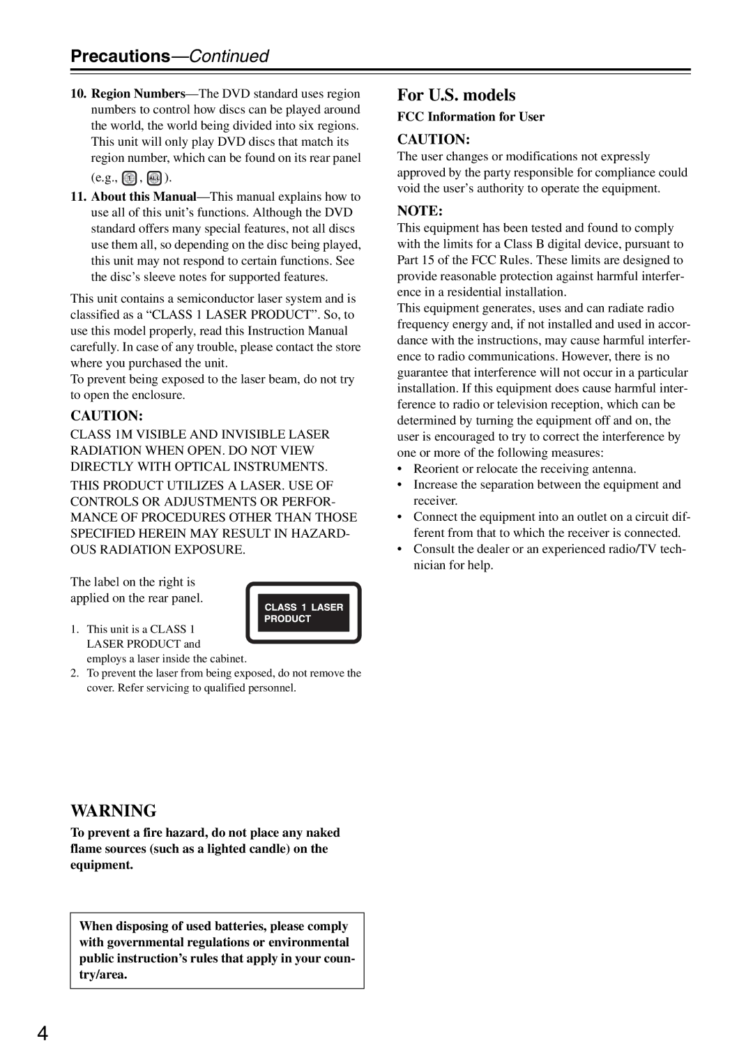 Onkyo DV-SP405 instruction manual Precautions, FCC Information for User 