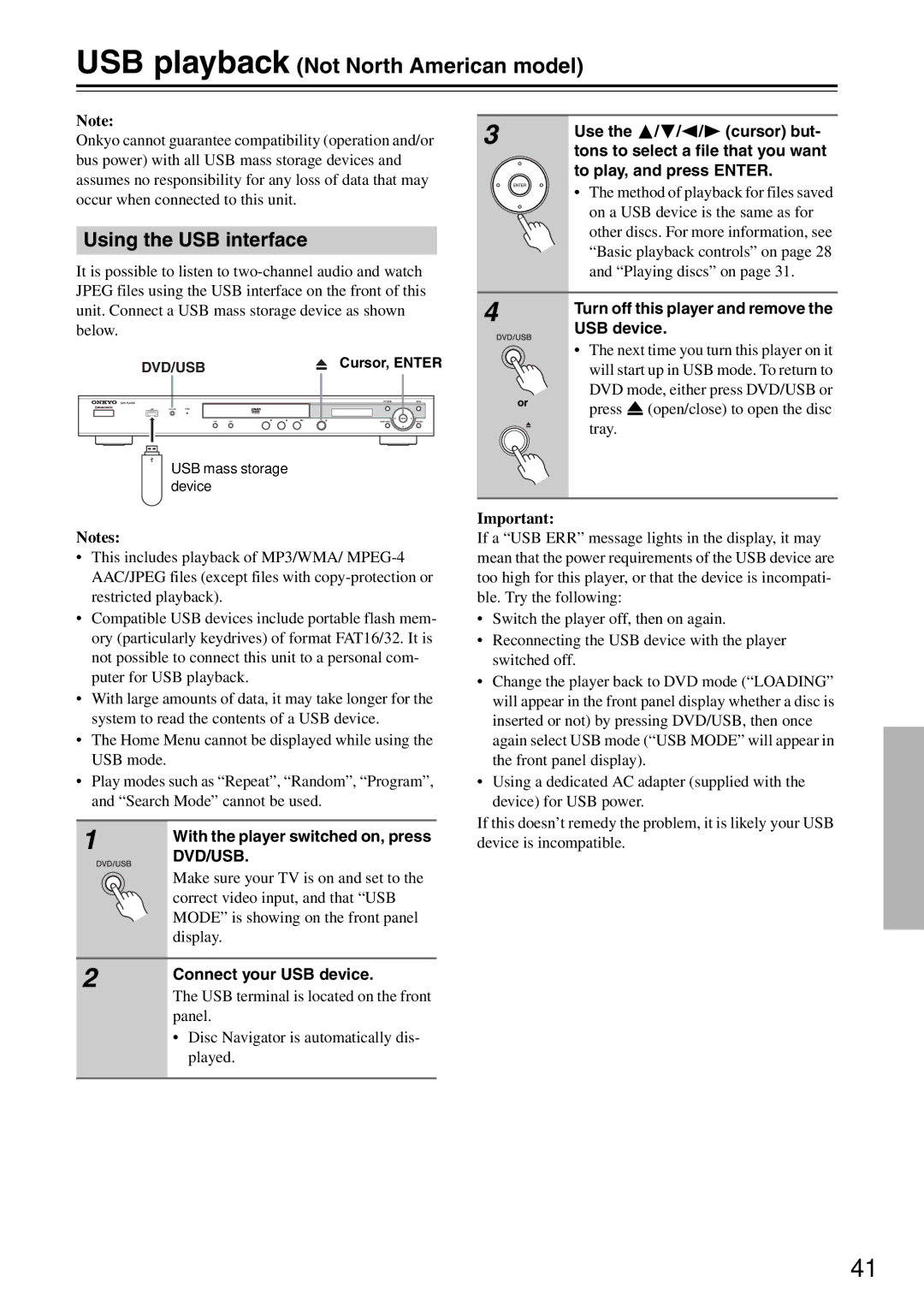 Onkyo DV-SP405 instruction manual USB playback Not North American model, Using the USB interface 