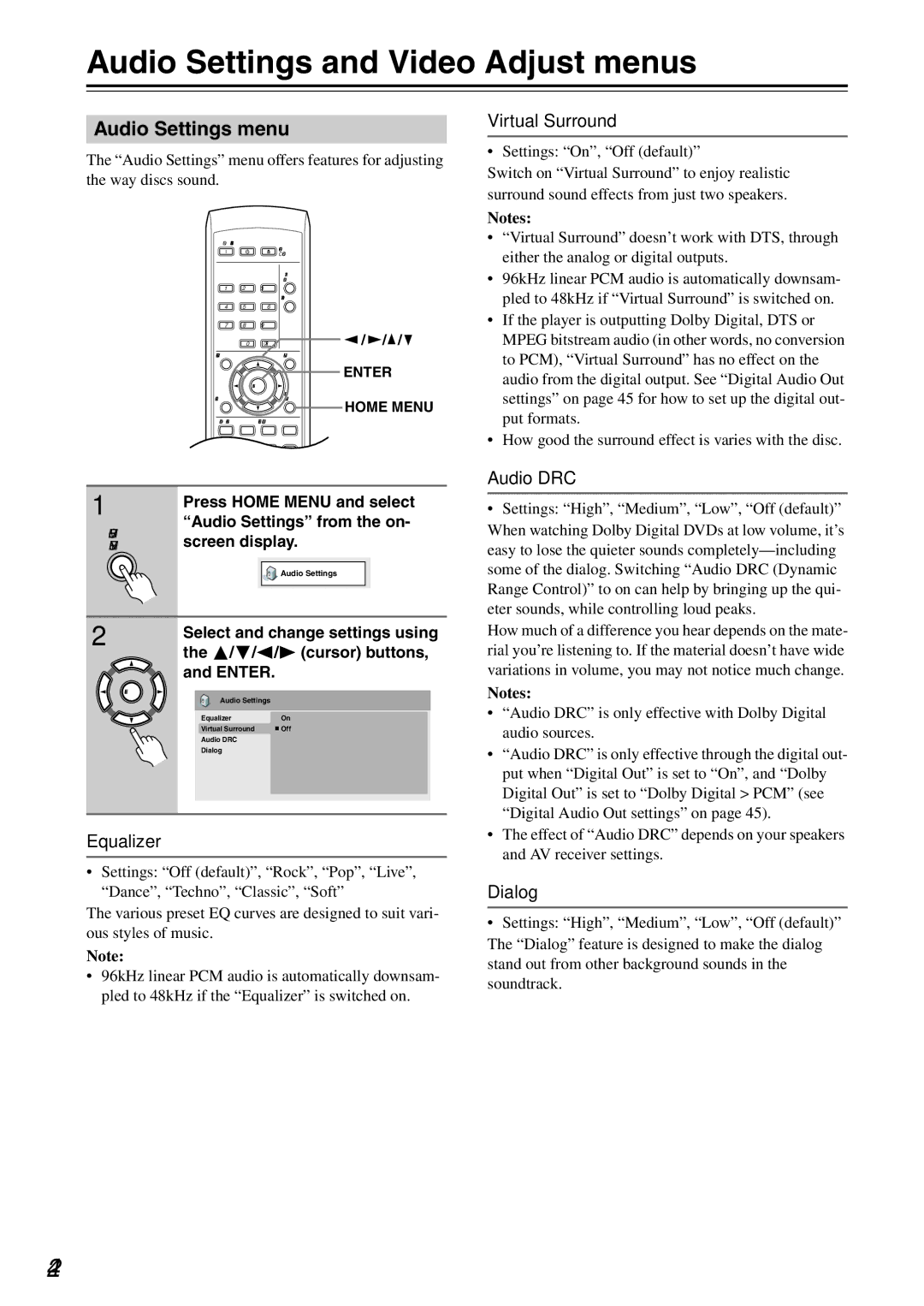 Onkyo DV-SP405 instruction manual Audio Settings and Video Adjust menus, Audio Settings menu 