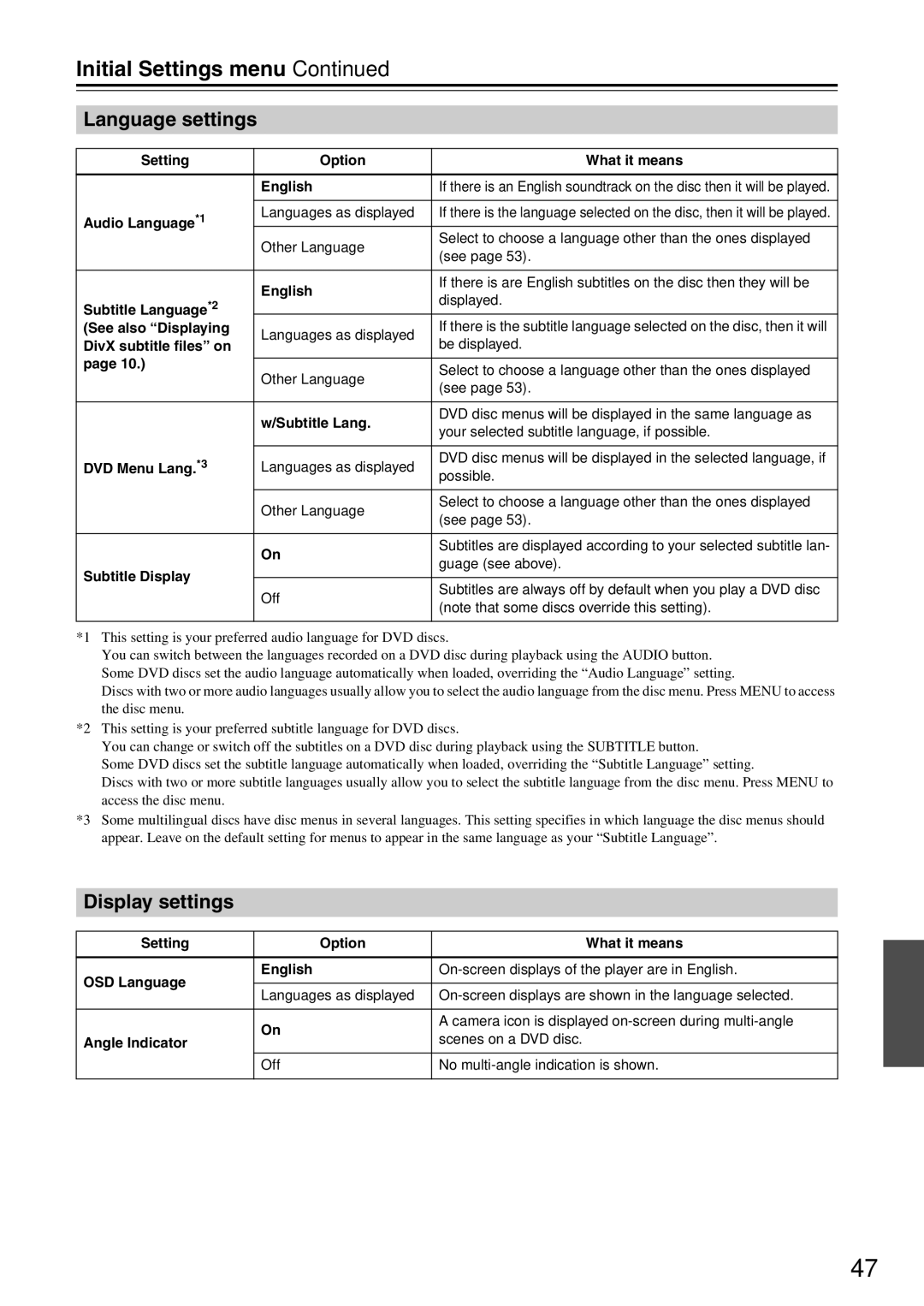 Onkyo DV-SP405 instruction manual Language settings, Display settings 