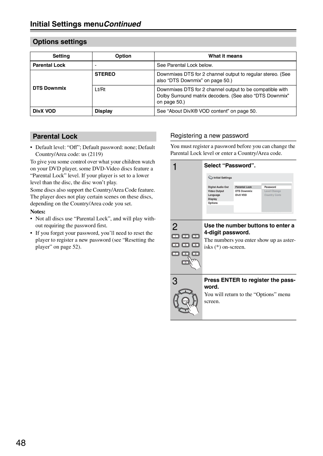 Onkyo DV-SP405 instruction manual Options settings, Parental Lock, Registering a new password 