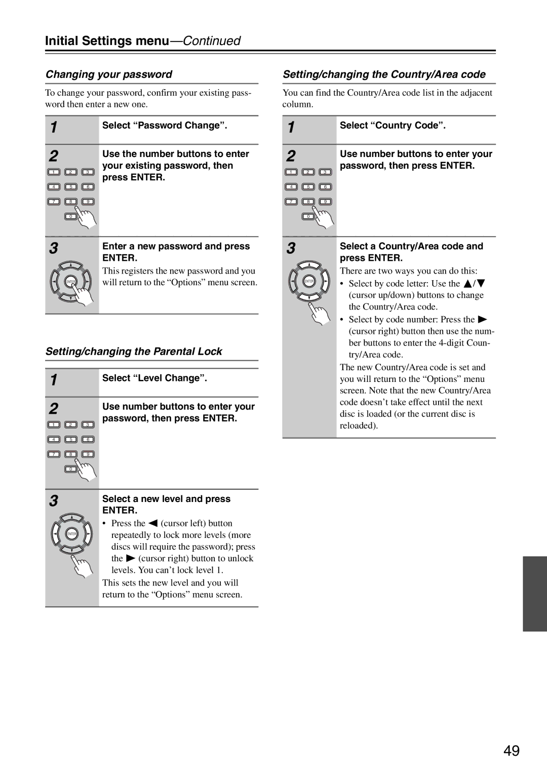 Onkyo DV-SP405 Changing your password, Setting/changing the Country/Area code, Setting/changing the Parental Lock 