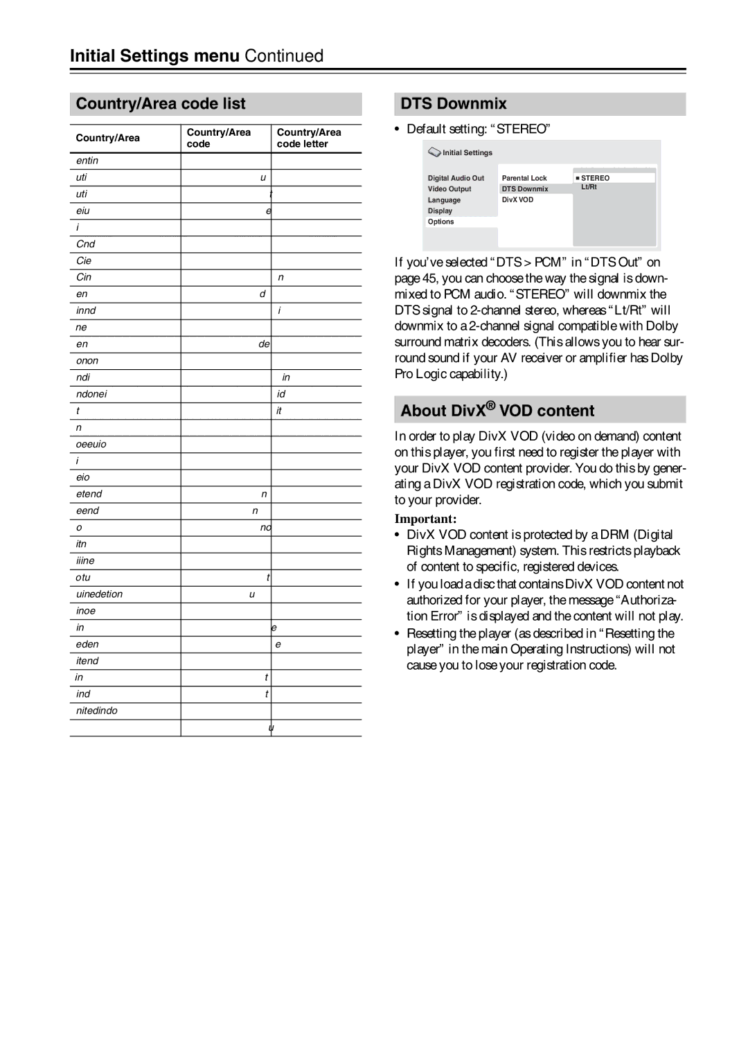 Onkyo DV-SP405 instruction manual Country/Area code list, DTS Downmix, About DivX VOD content 