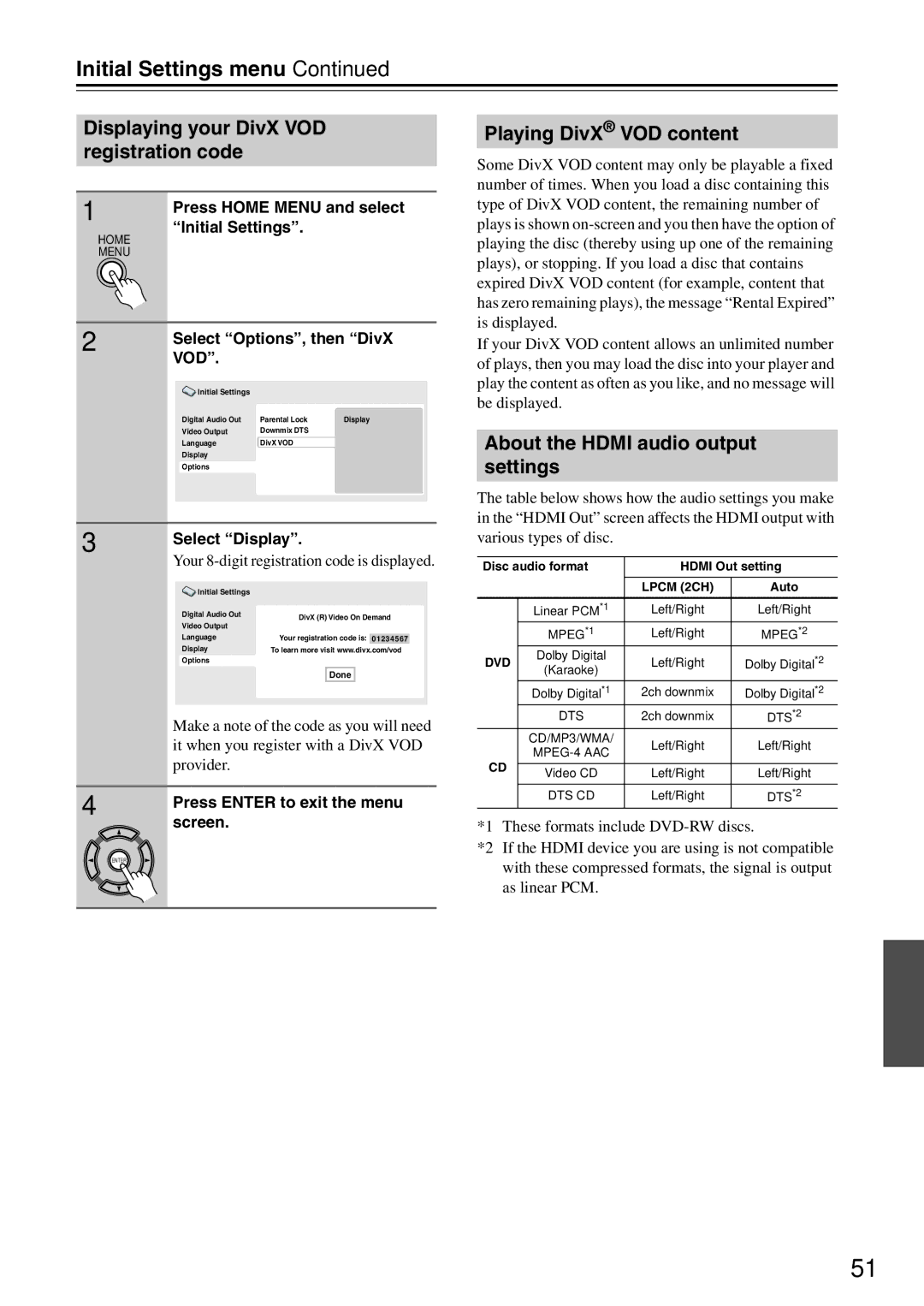 Onkyo DV-SP405 Displaying your DivX VOD registration code, Playing DivX VOD content, About the Hdmi audio output settings 