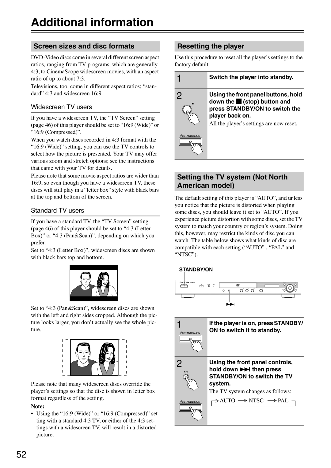 Onkyo DV-SP405 instruction manual Additional information, Screen sizes and disc formats, Resetting the player 