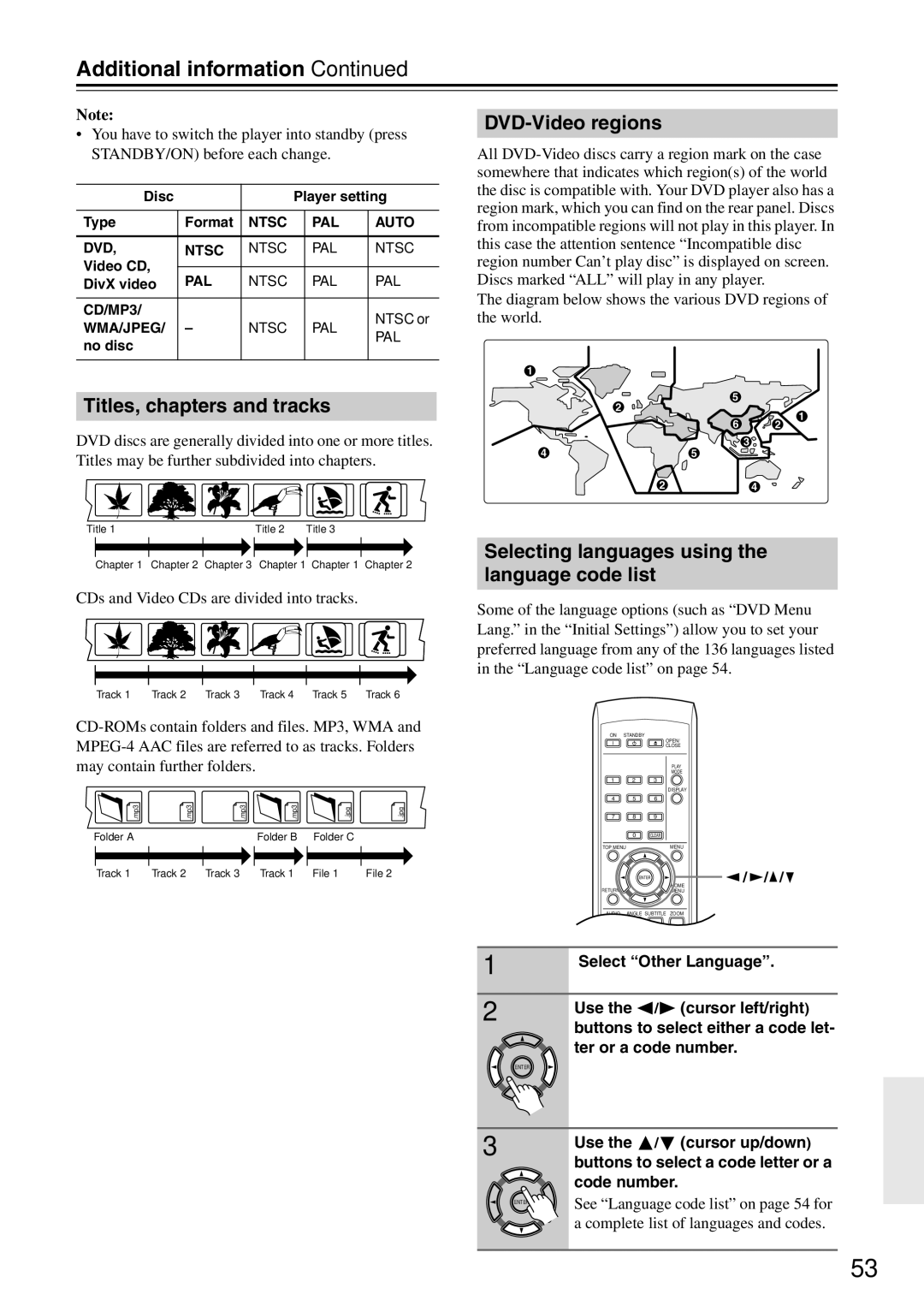 Onkyo DV-SP405 instruction manual Additional information, Titles, chapters and tracks, DVD-Video regions 