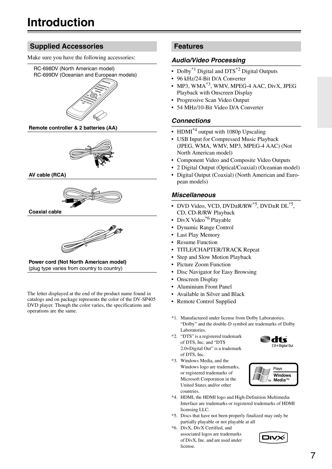 Onkyo DV-SP405 instruction manual Introduction, Supplied Accessories, Features 