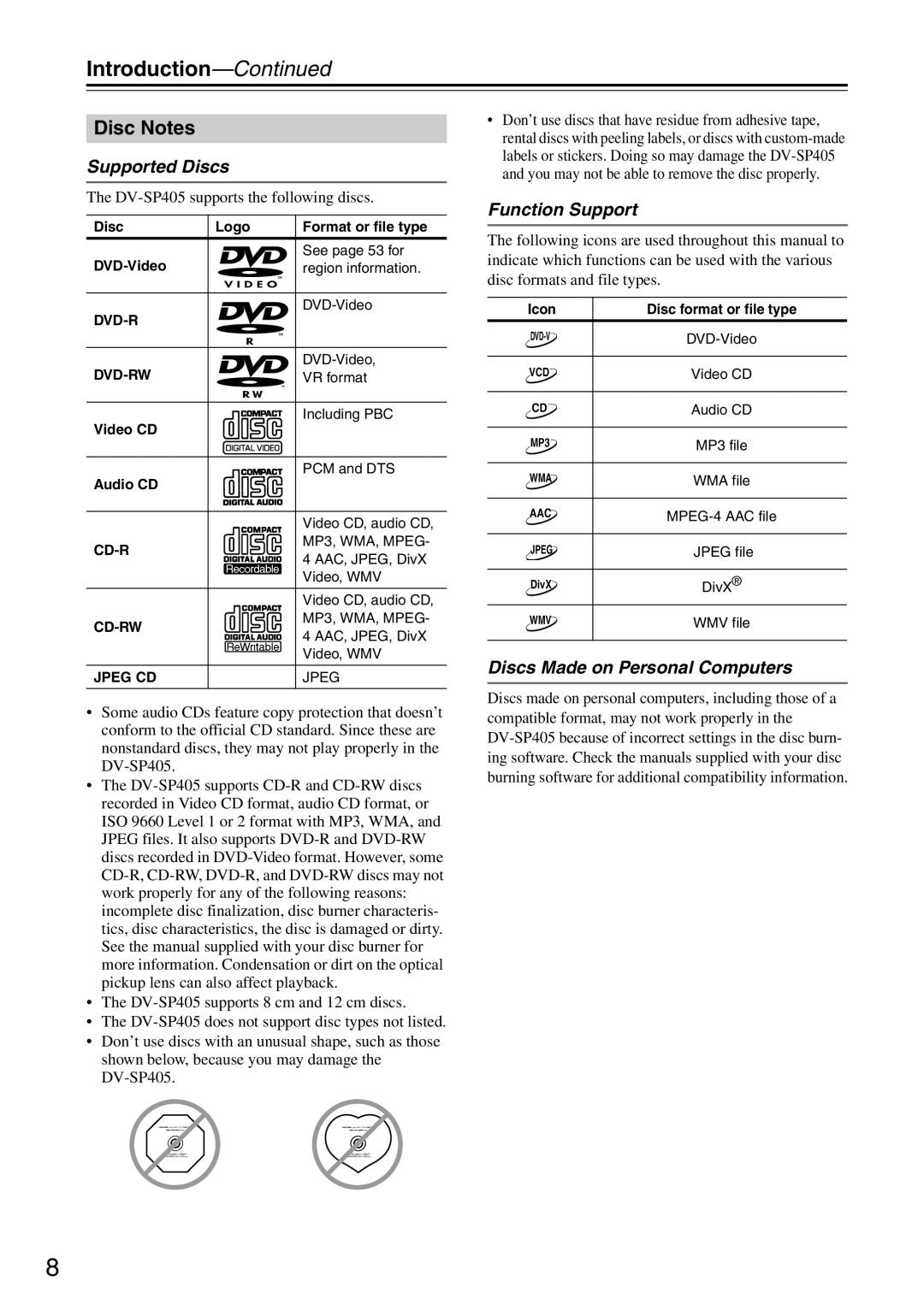 Onkyo DV-SP405 Introduction, Disc Notes, Supported Discs, Function Support, Discs Made on Personal Computers 