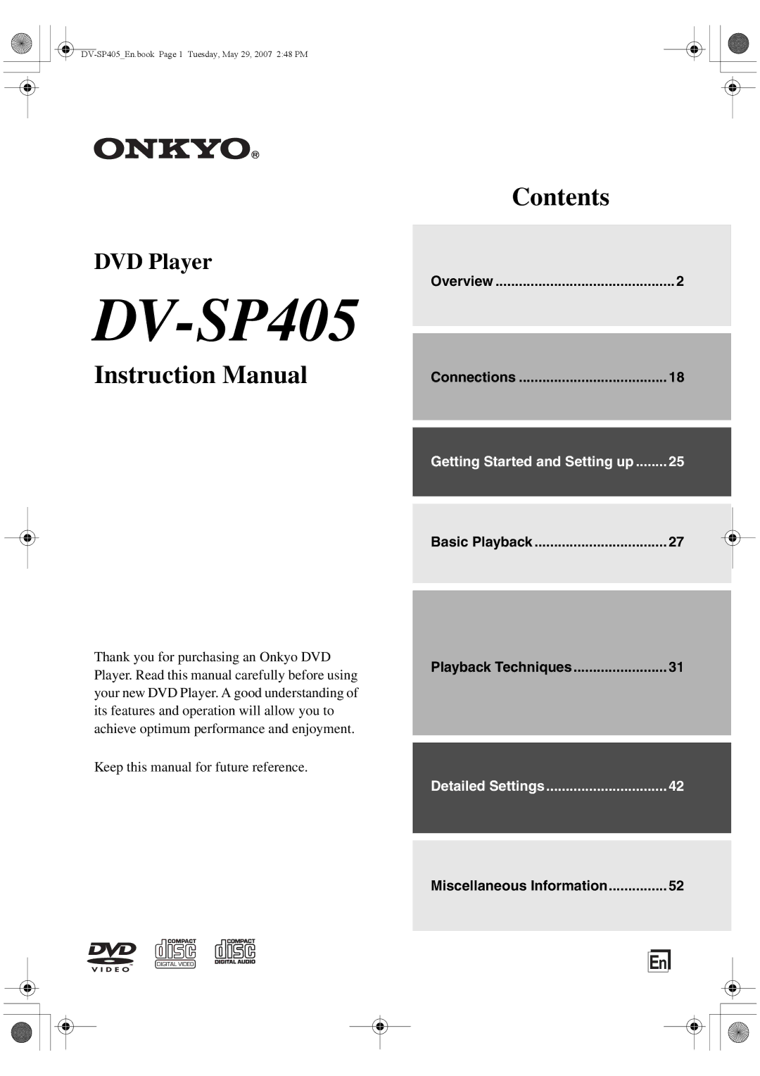 Onkyo DV-SP405 instruction manual Connections, Basic Playback Playback Techniques 