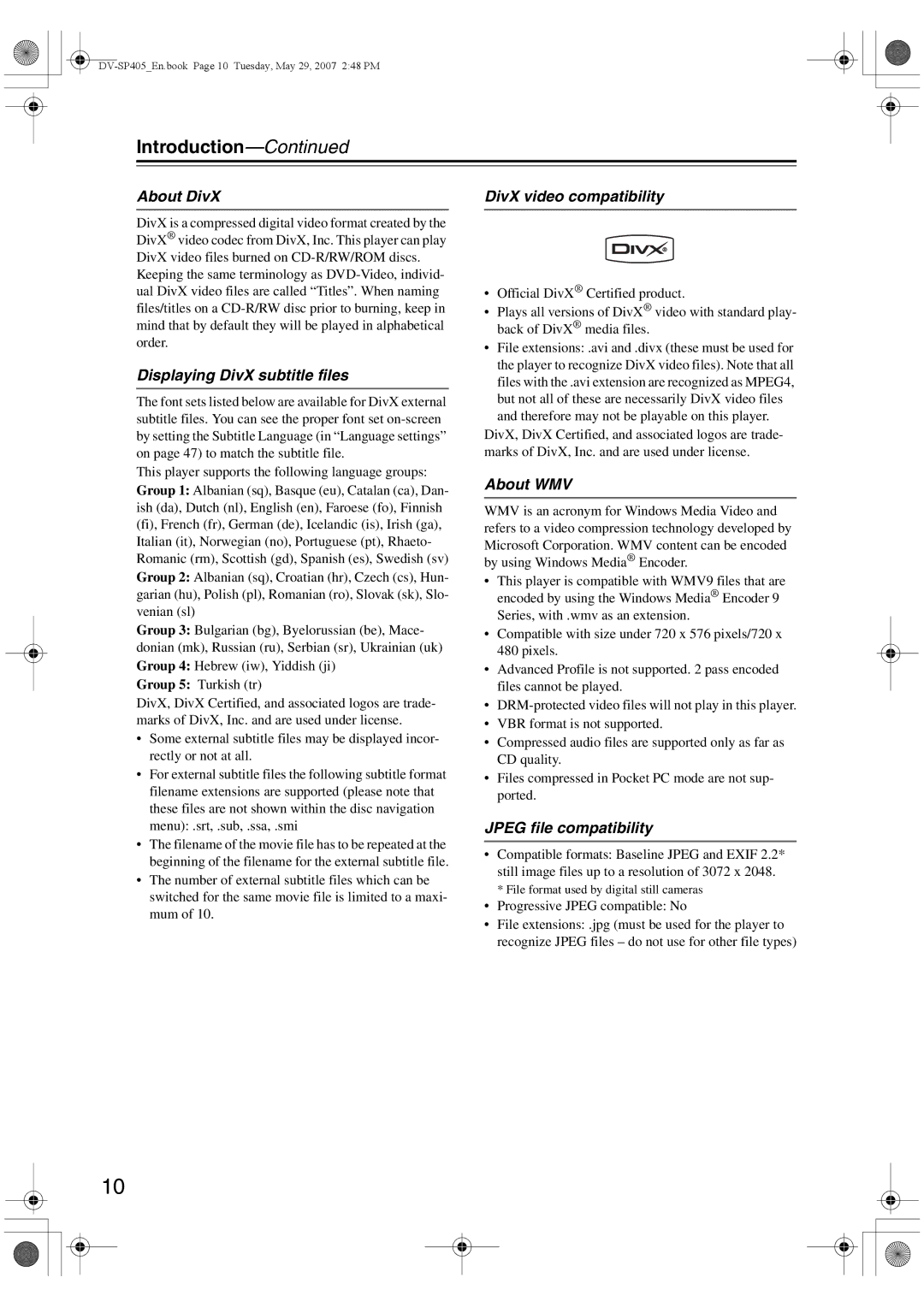 Onkyo DV-SP405 About DivX, Displaying DivX subtitle files, DivX video compatibility, About WMV, Jpeg file compatibility 