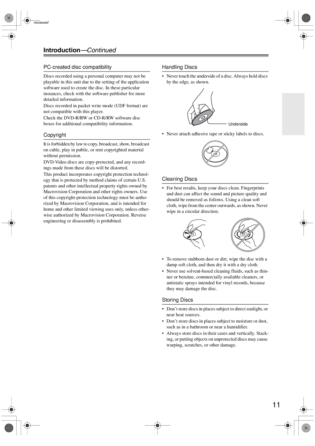 Onkyo DV-SP405 instruction manual PC-created disc compatibility, Copyright, Handling Discs, Cleaning Discs, Storing Discs 