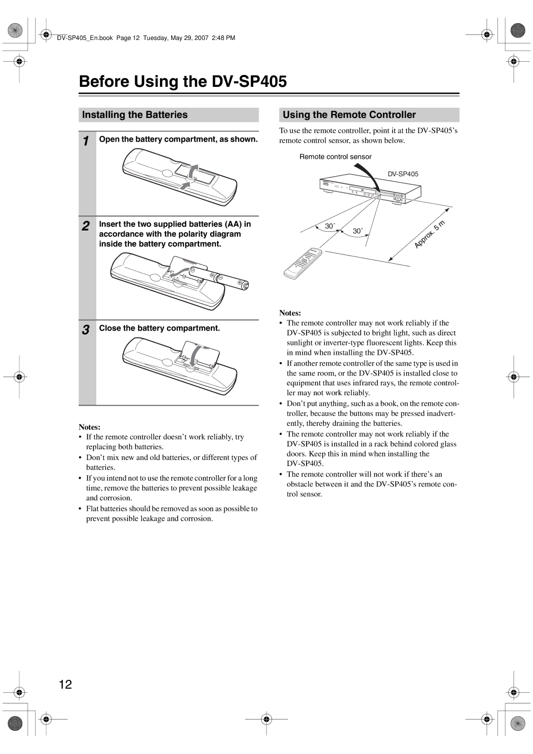 Onkyo instruction manual Before Using the DV-SP405, Installing the Batteries, Using the Remote Controller 