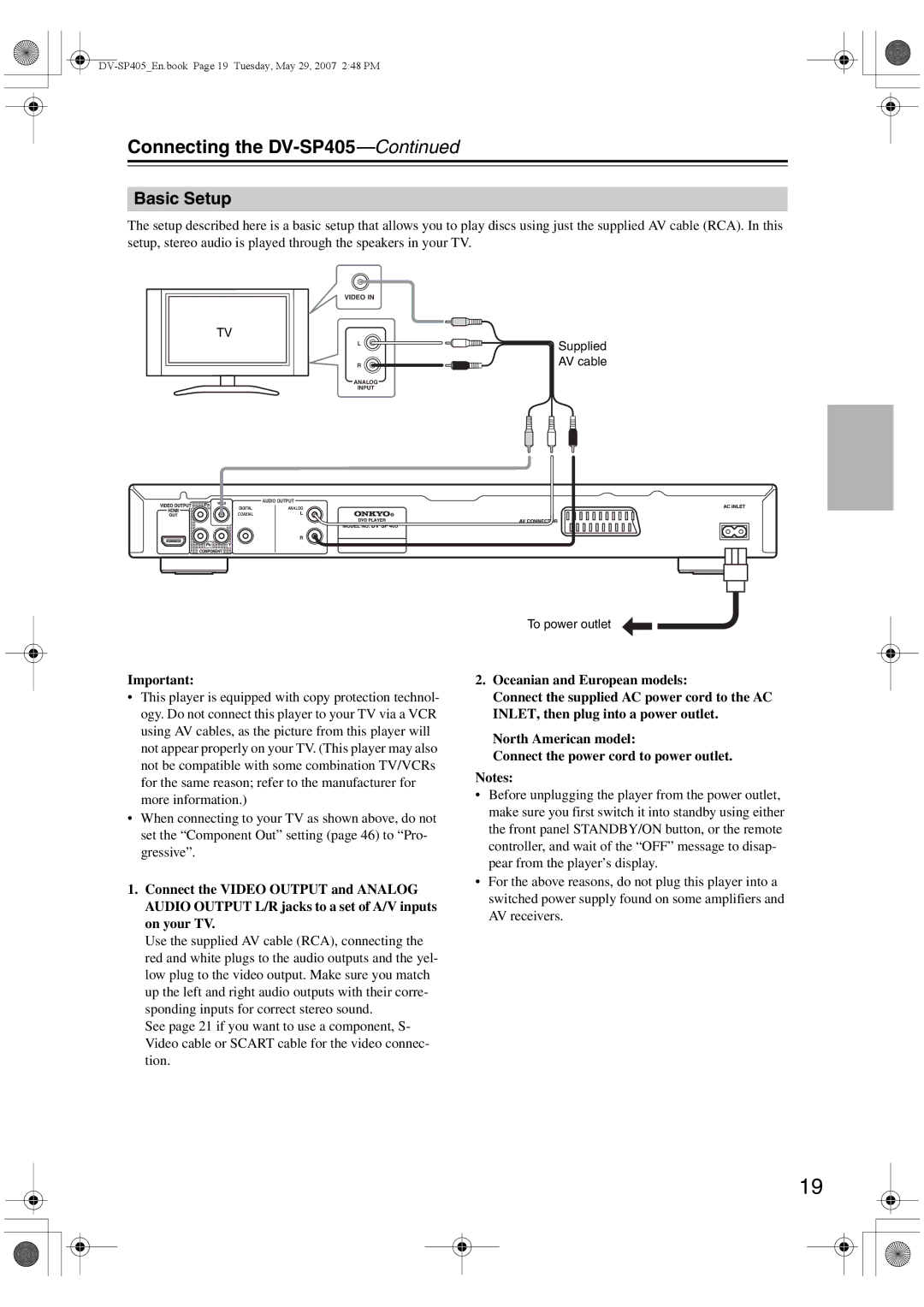 Onkyo instruction manual Connecting the DV-SP405, Basic Setup, Supplied 