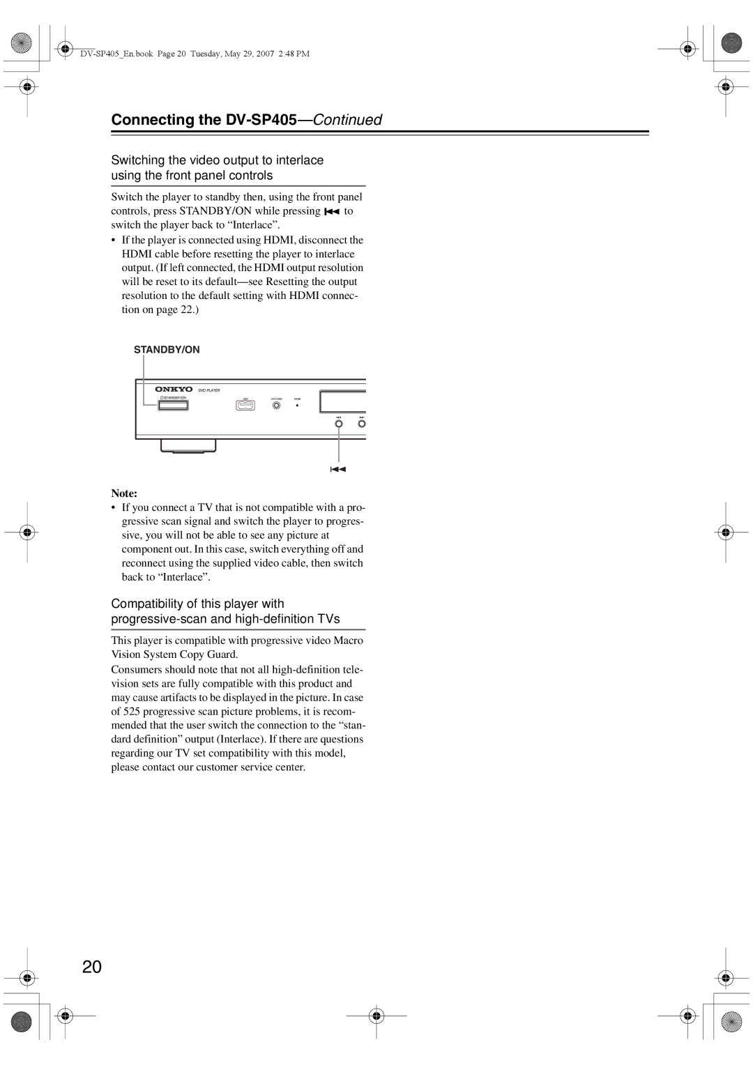 Onkyo DV-SP405 instruction manual Standby/On 