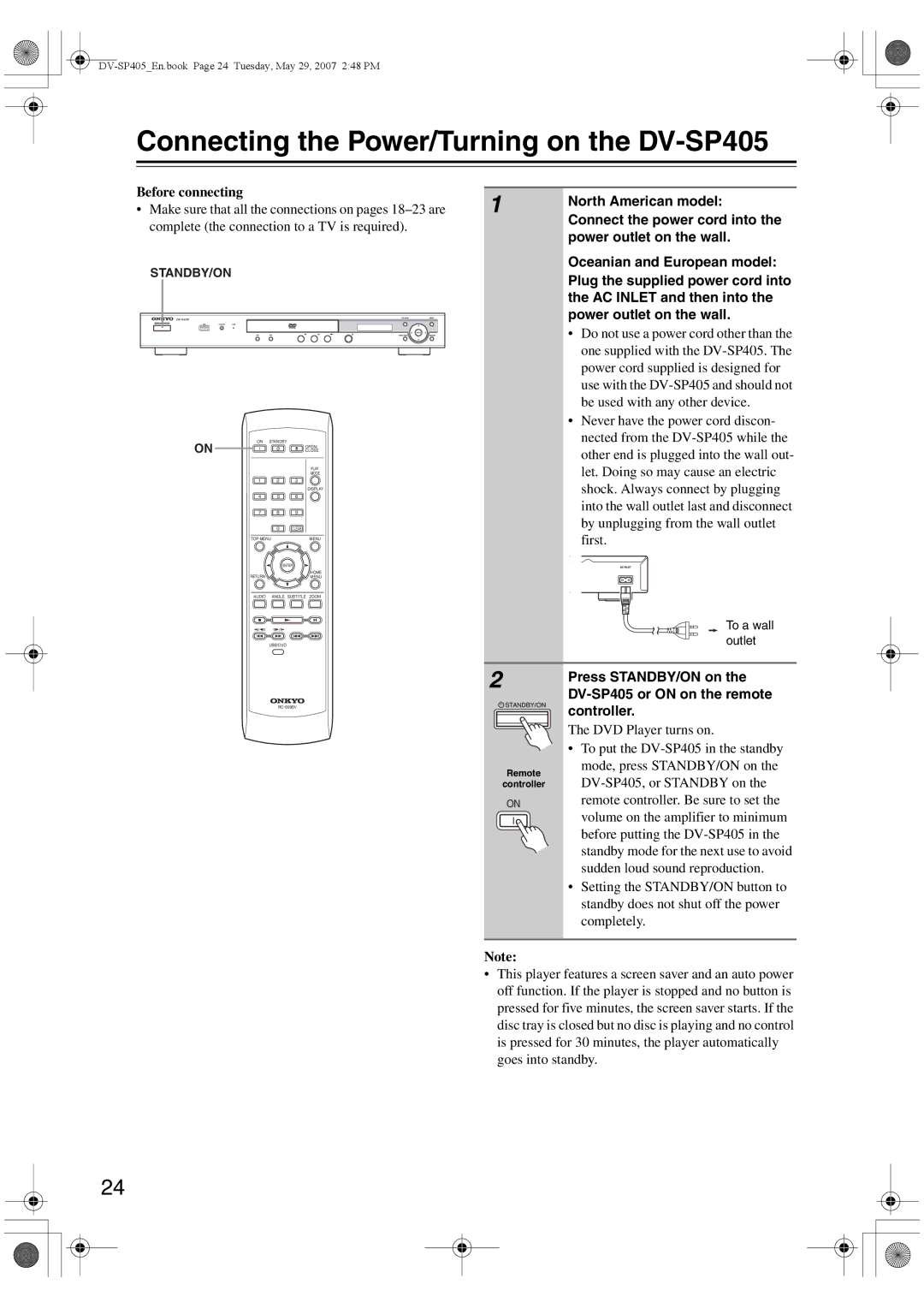 Onkyo instruction manual Connecting the Power/Turning on the DV-SP405, North American model, Connect the power cord into 