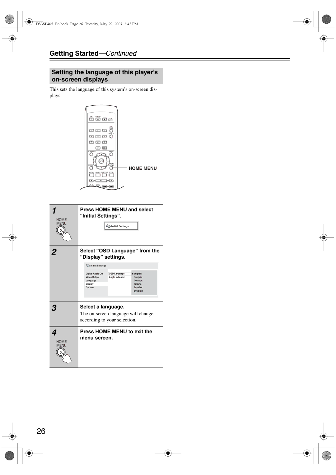 Onkyo DV-SP405 Getting Started, Setting the language of this player’s on-screen displays, Select OSD Language from 