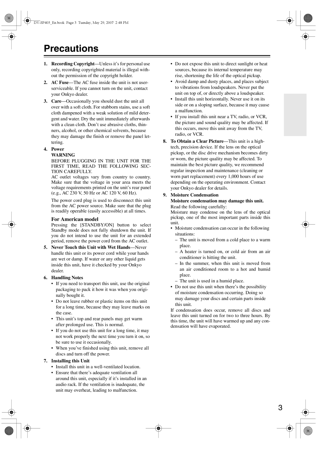 Onkyo DV-SP405 instruction manual Precautions, Power, Installing this Unit 