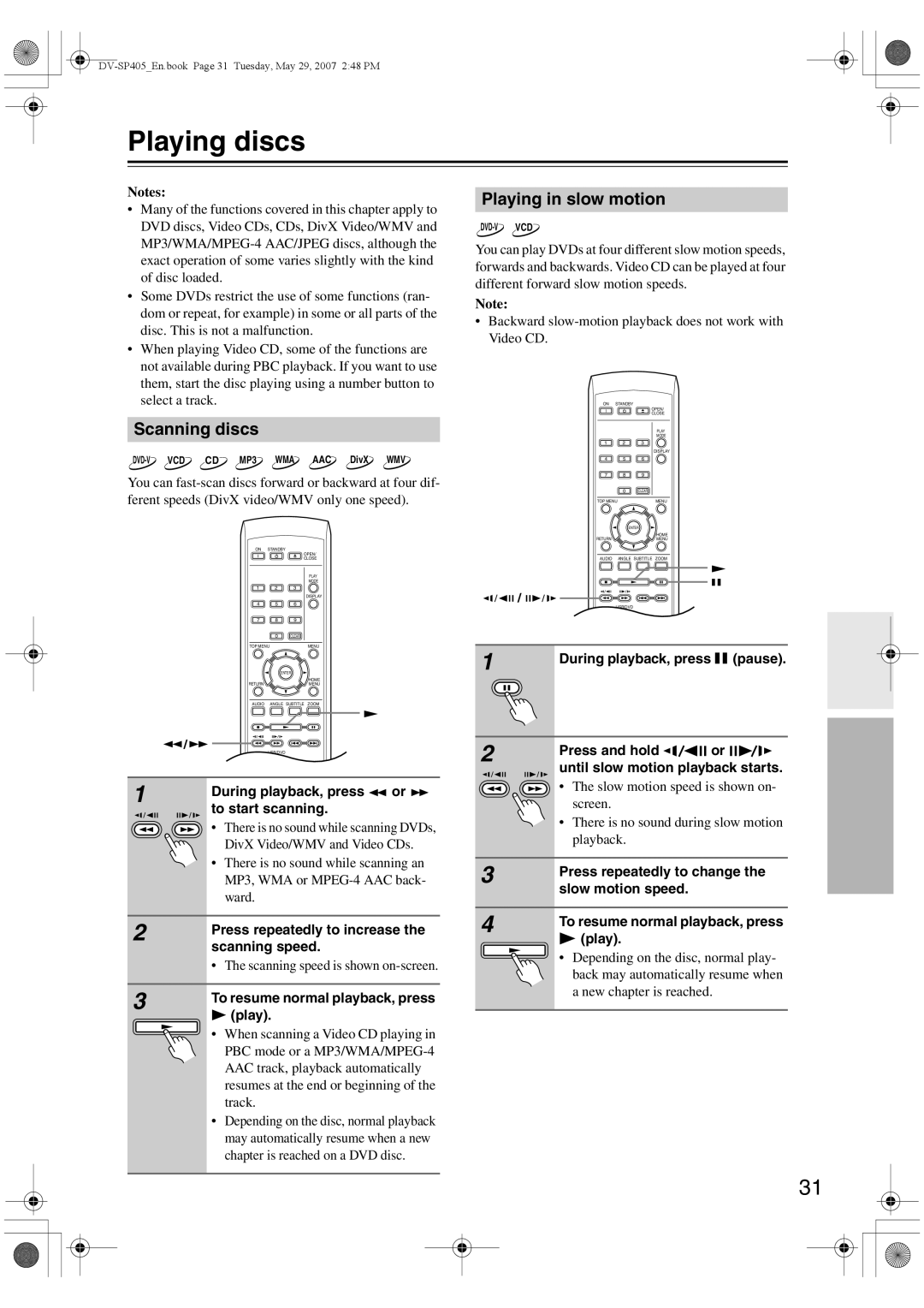 Onkyo DV-SP405 instruction manual Playing discs, Scanning discs, Playing in slow motion 