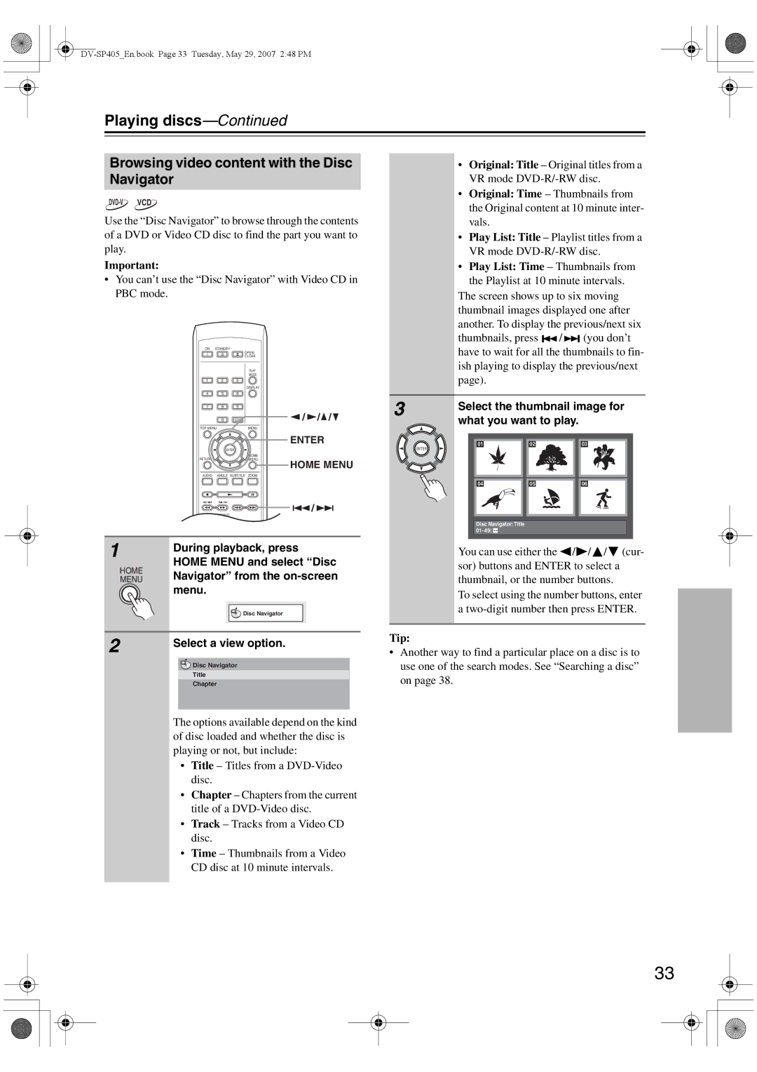 Onkyo DV-SP405 instruction manual Browsing video content with the Disc Navigator 