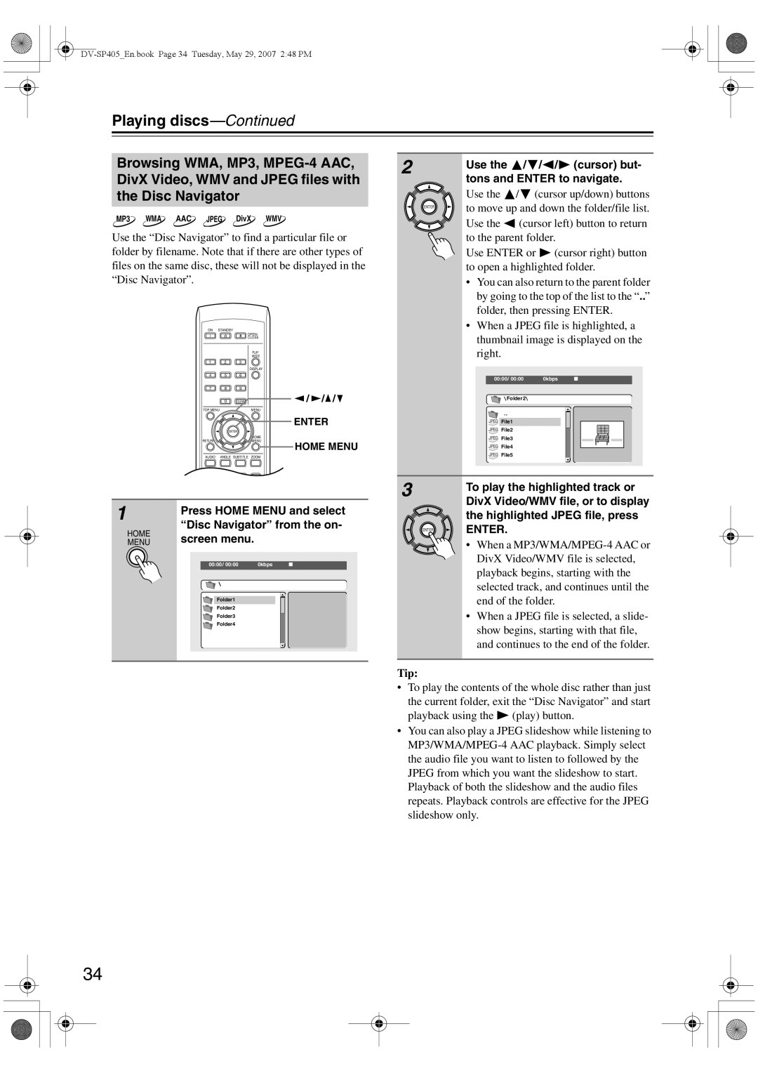 Onkyo DV-SP405 instruction manual Disc Navigator from the on, Screen menu, Use Cursor but Tons and Enter to navigate 