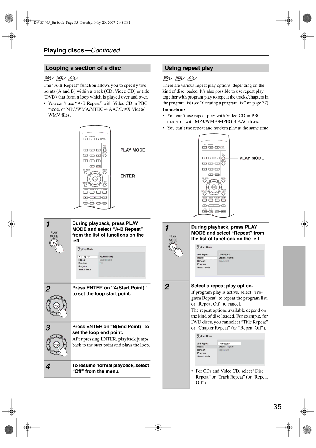 Onkyo DV-SP405 instruction manual Looping a section of a disc, Using repeat play 