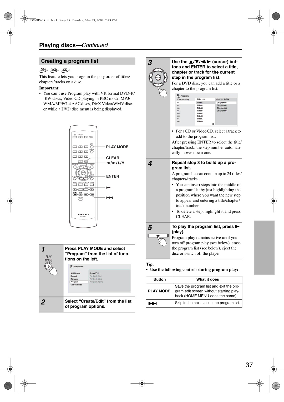 Onkyo DV-SP405 instruction manual Creating a program list 