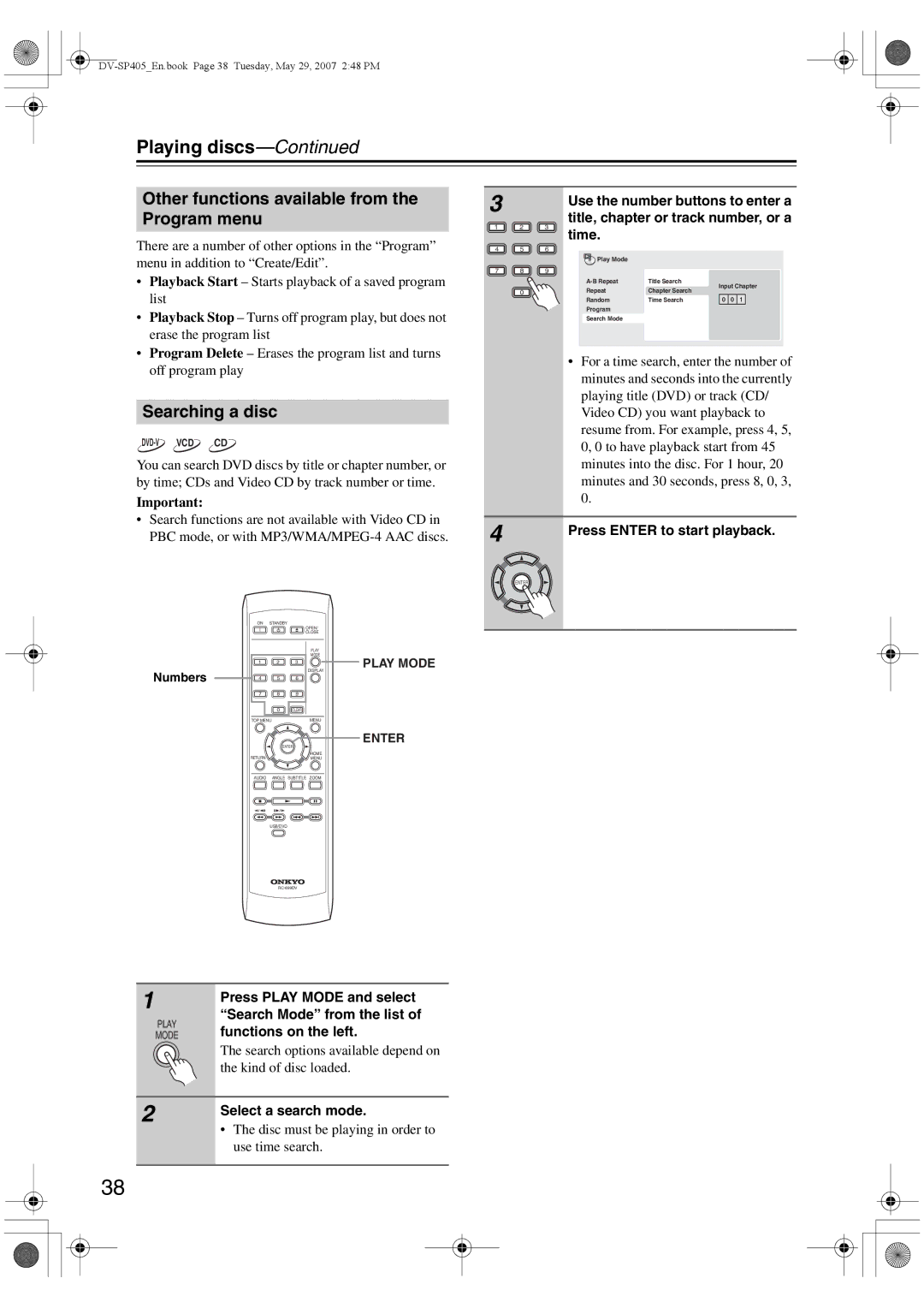 Onkyo DV-SP405 instruction manual Other functions available from the Program menu, Searching a disc 