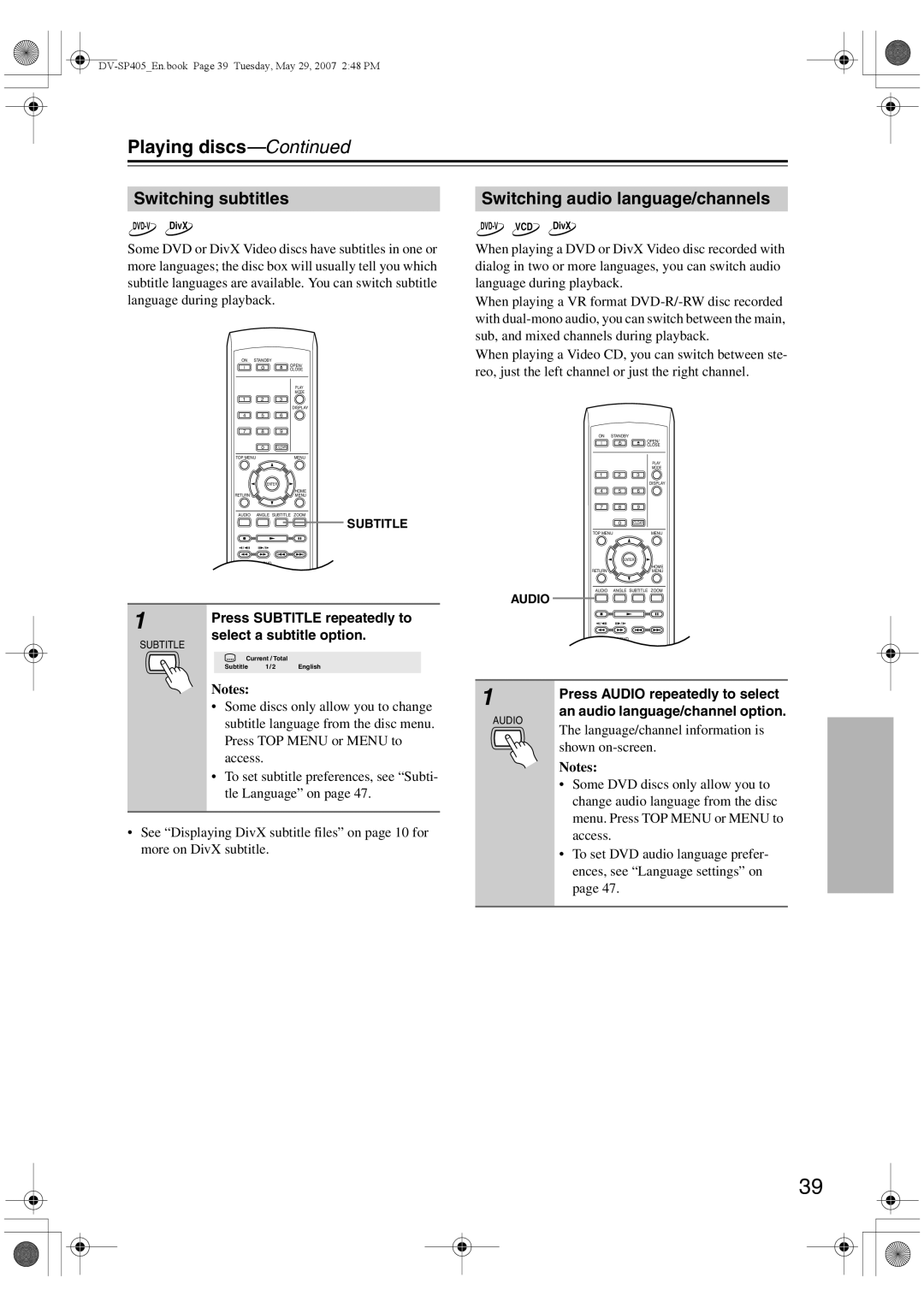 Onkyo DV-SP405 instruction manual Switching subtitles, Switching audio language/channels 