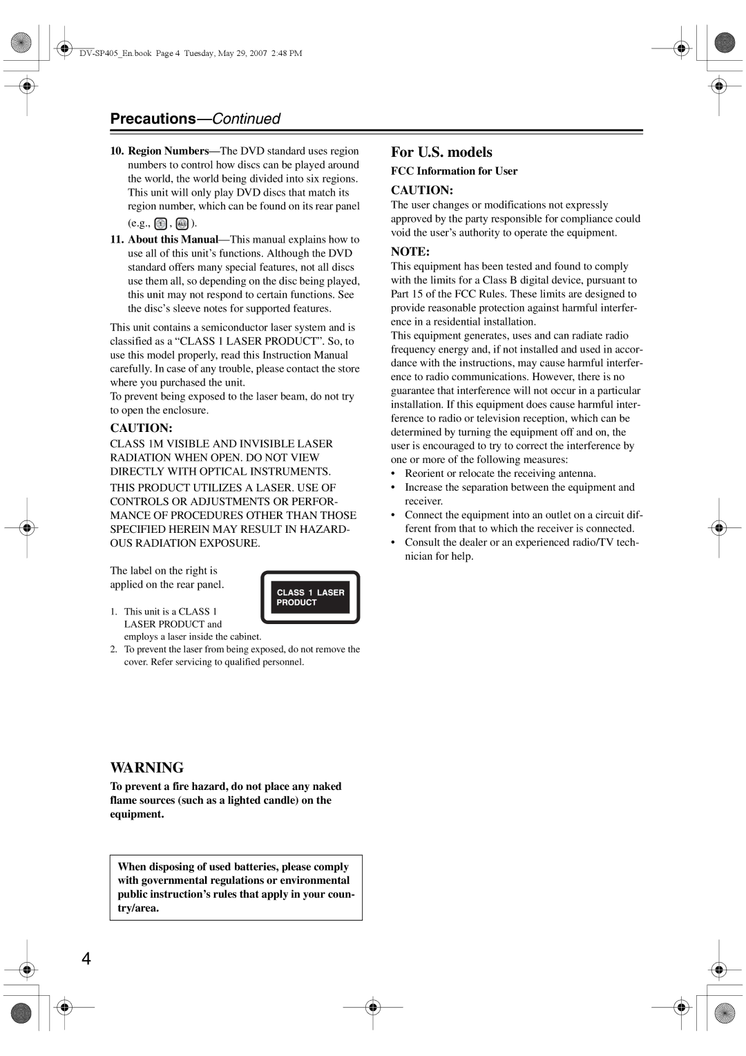 Onkyo DV-SP405 instruction manual Precautions, FCC Information for User 