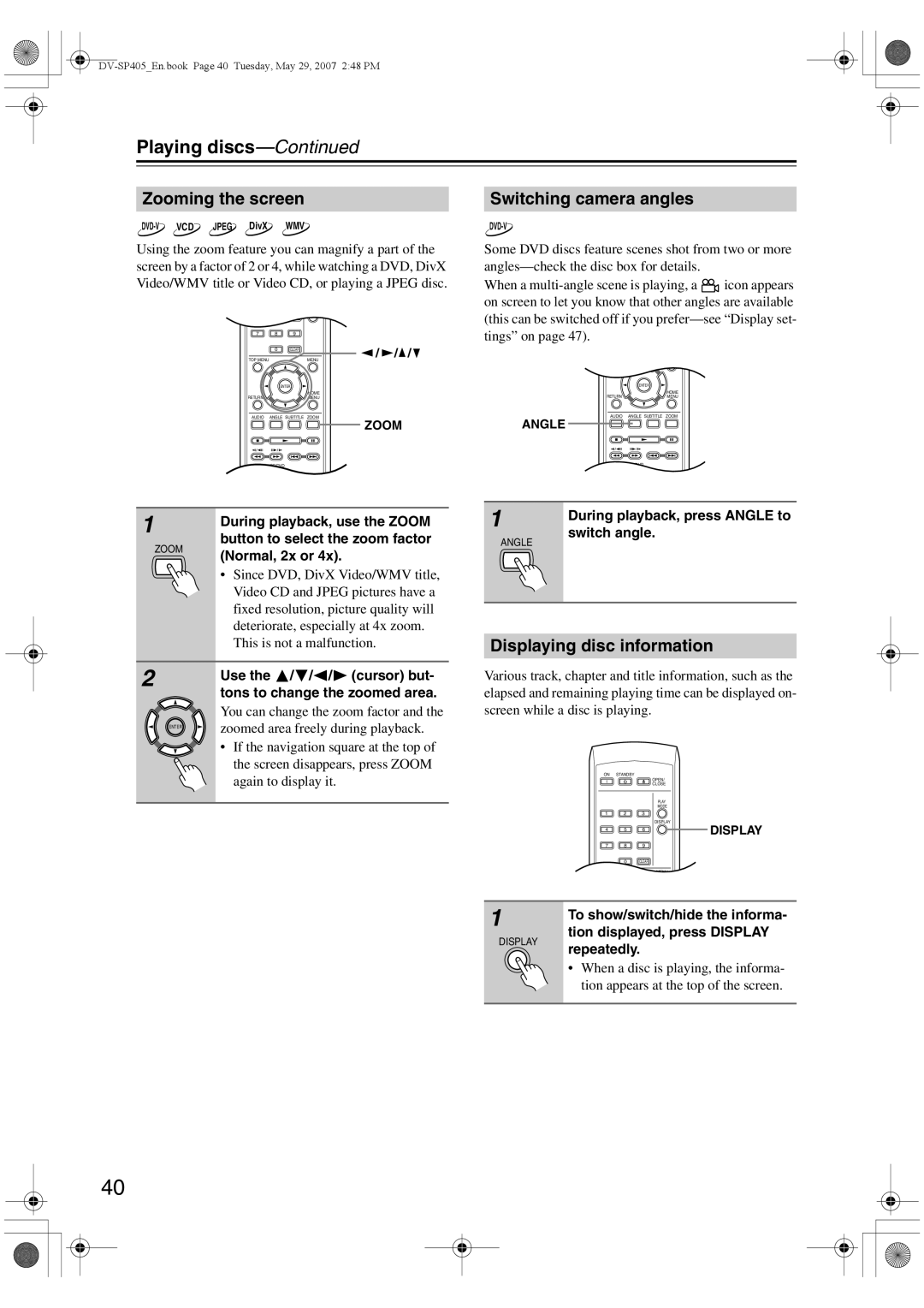 Onkyo DV-SP405 instruction manual Zooming the screen, Switching camera angles, Displaying disc information 