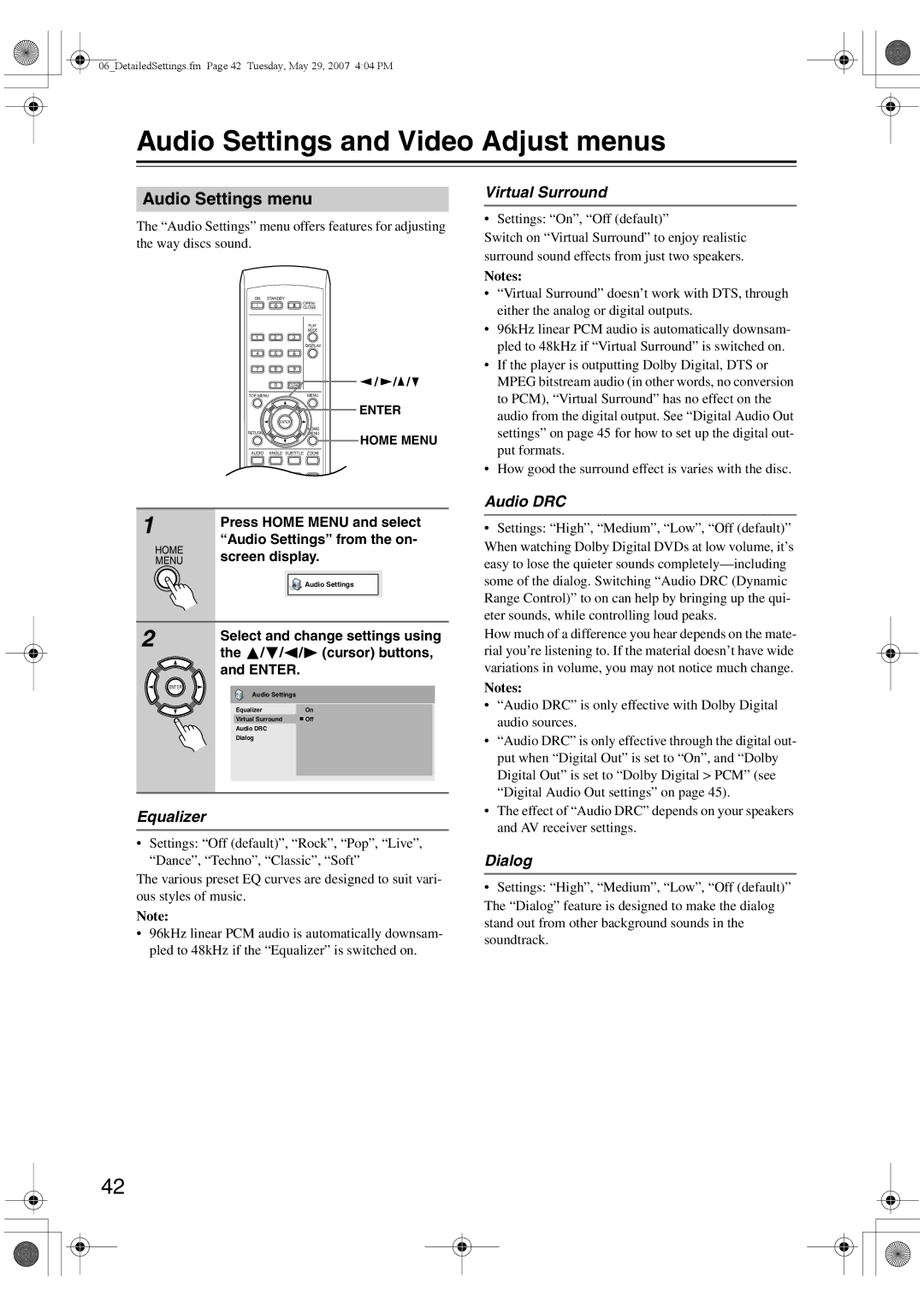 Onkyo DV-SP405 instruction manual Audio Settings and Video Adjust menus, Audio Settings menu 