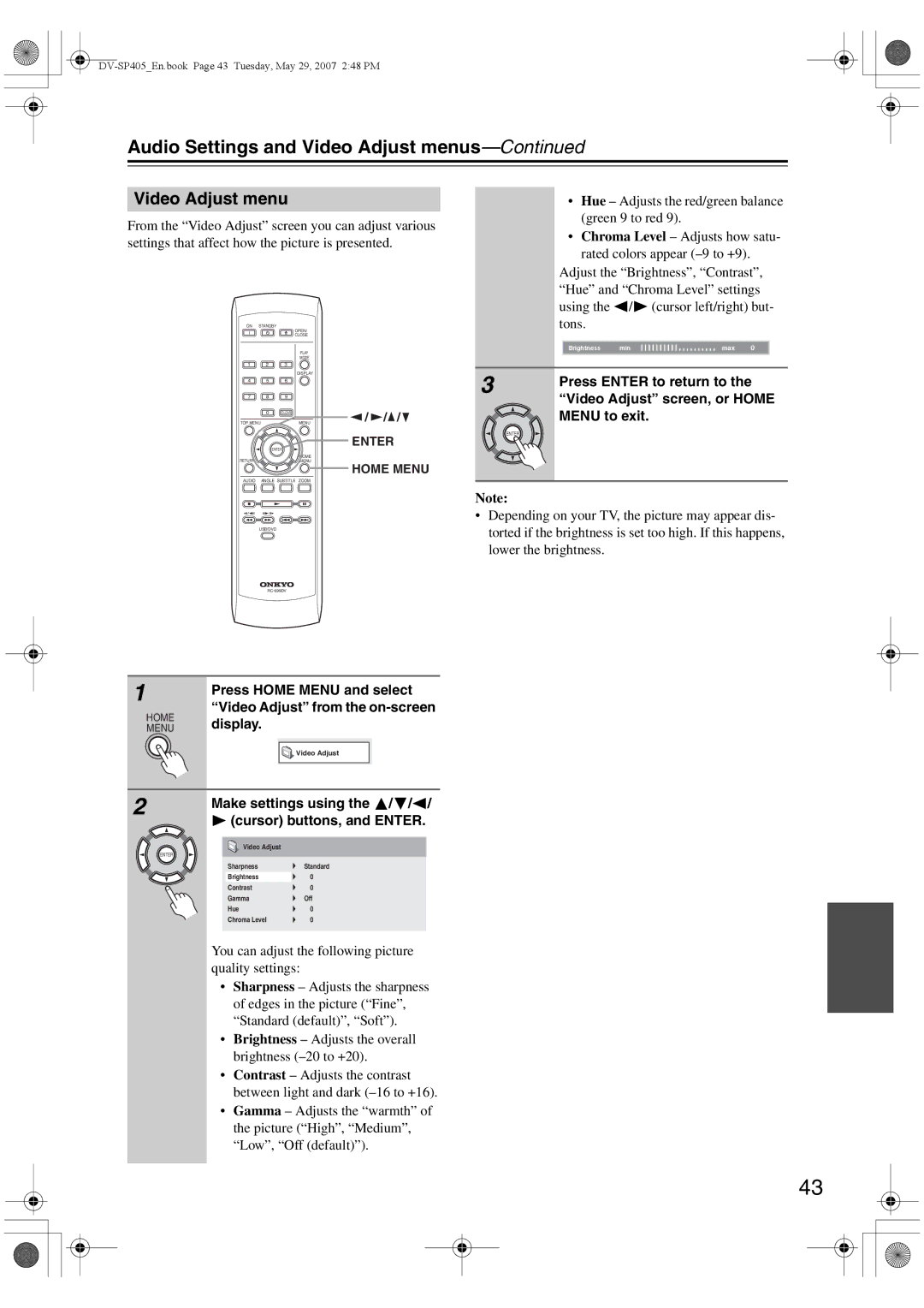 Onkyo DV-SP405 instruction manual Audio Settings and Video Adjust menus 